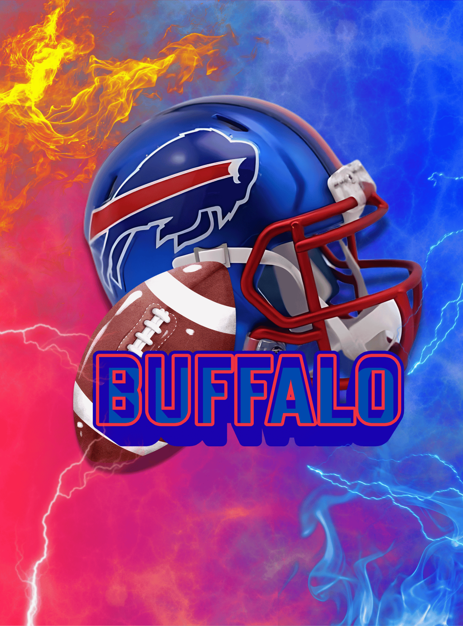 A football helmet with the Buffalo Bills logo, a football, and the word "BUFFALO" in bold blue and red letters on a vibrant background of red, blue, and orange flames and lightning.