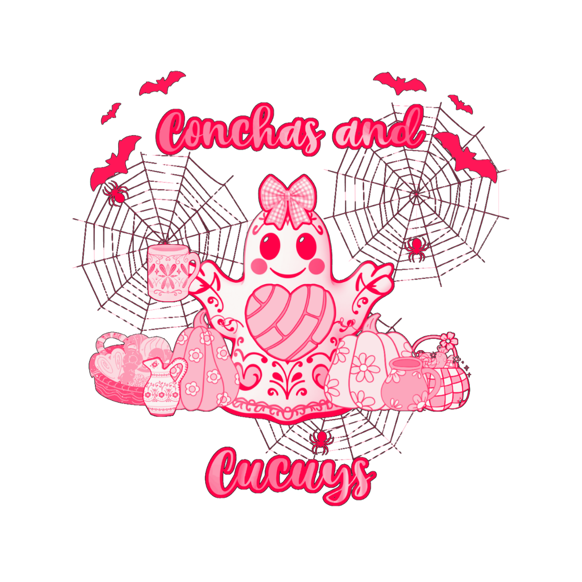 A cute spider character with a pink checkered bow on its head, surrounded by pumpkins, a pitcher, jars, and spider webs with small bats and spiders, with the text "conchas and cucayes" in pink cursive.