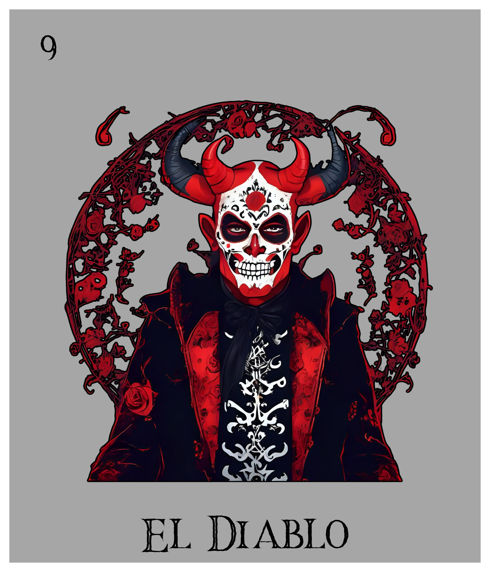 A person wearing a skull mask with red and black horns, dressed in dark clothing with red accents, surrounded by a circular frame of roses and vines, labeled "El Diablo" at the bottom.