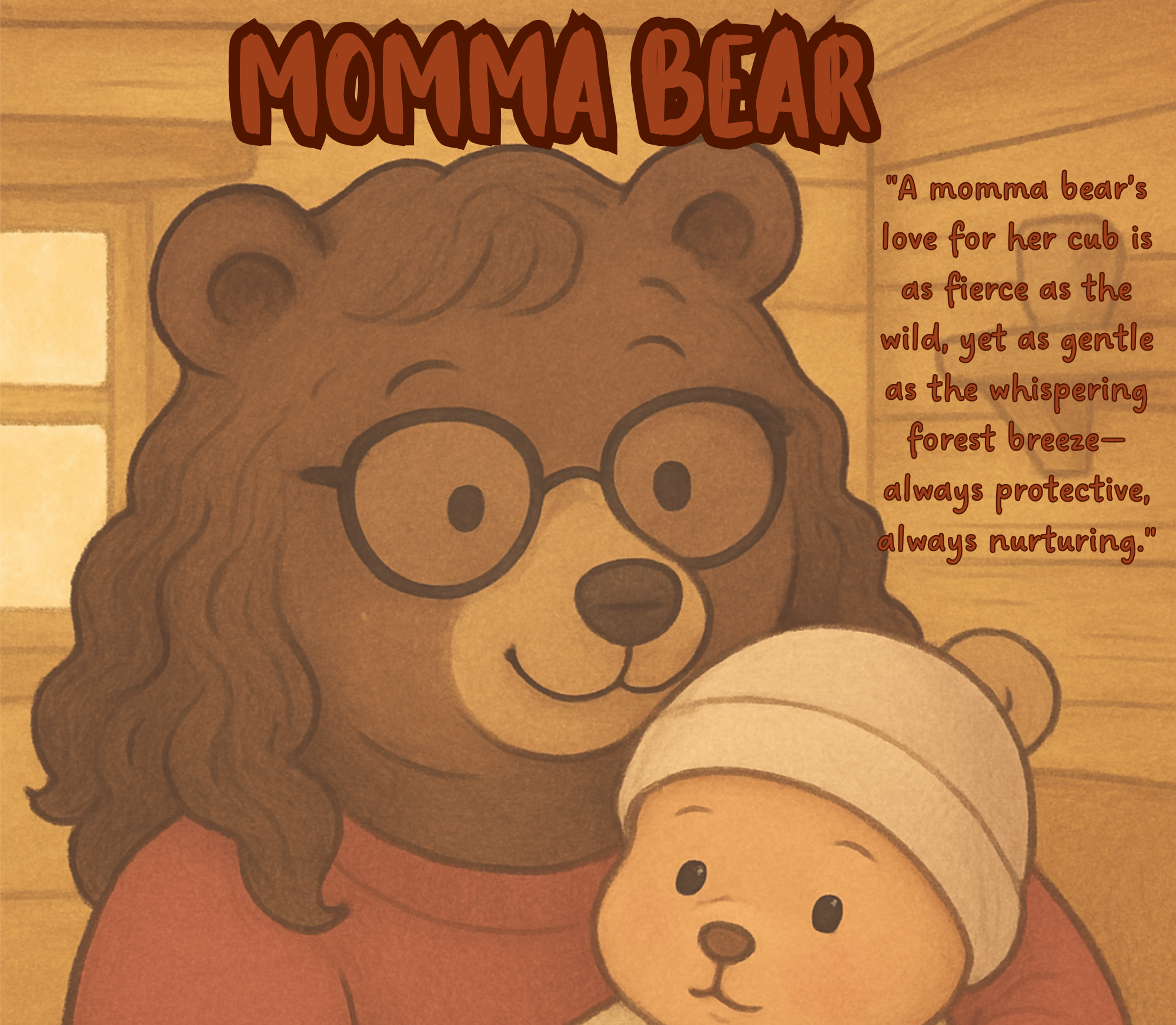 Illustration of a bear wearing glasses holding a smaller bear wearing a white hat inside a wooden cabin. The illustration features warm tones and a quote about a momma bear loving her cub.