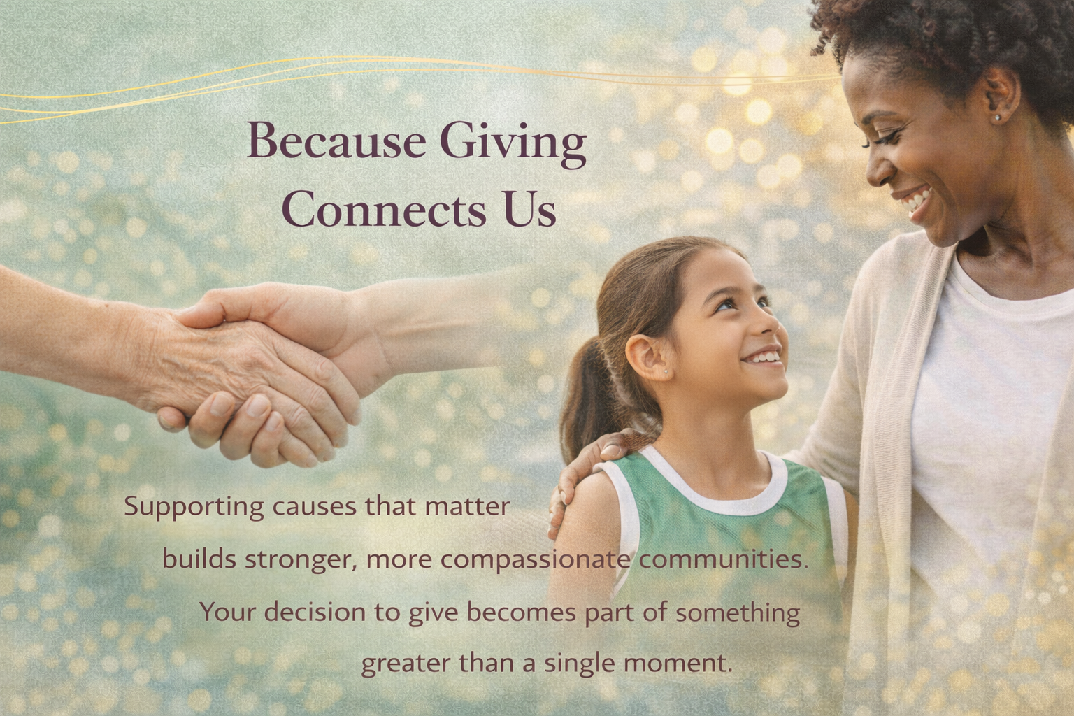 A smiling woman and young girl sharing a moment of connection outdoors, with a handshake image on the left and a background with soft bokeh lights. Text overlay reads, 'Because Giving Connects Us. Supporting causes that matter builds stronger, more compassionate communities. Your decision to give becomes part of something greater than a single moment.'