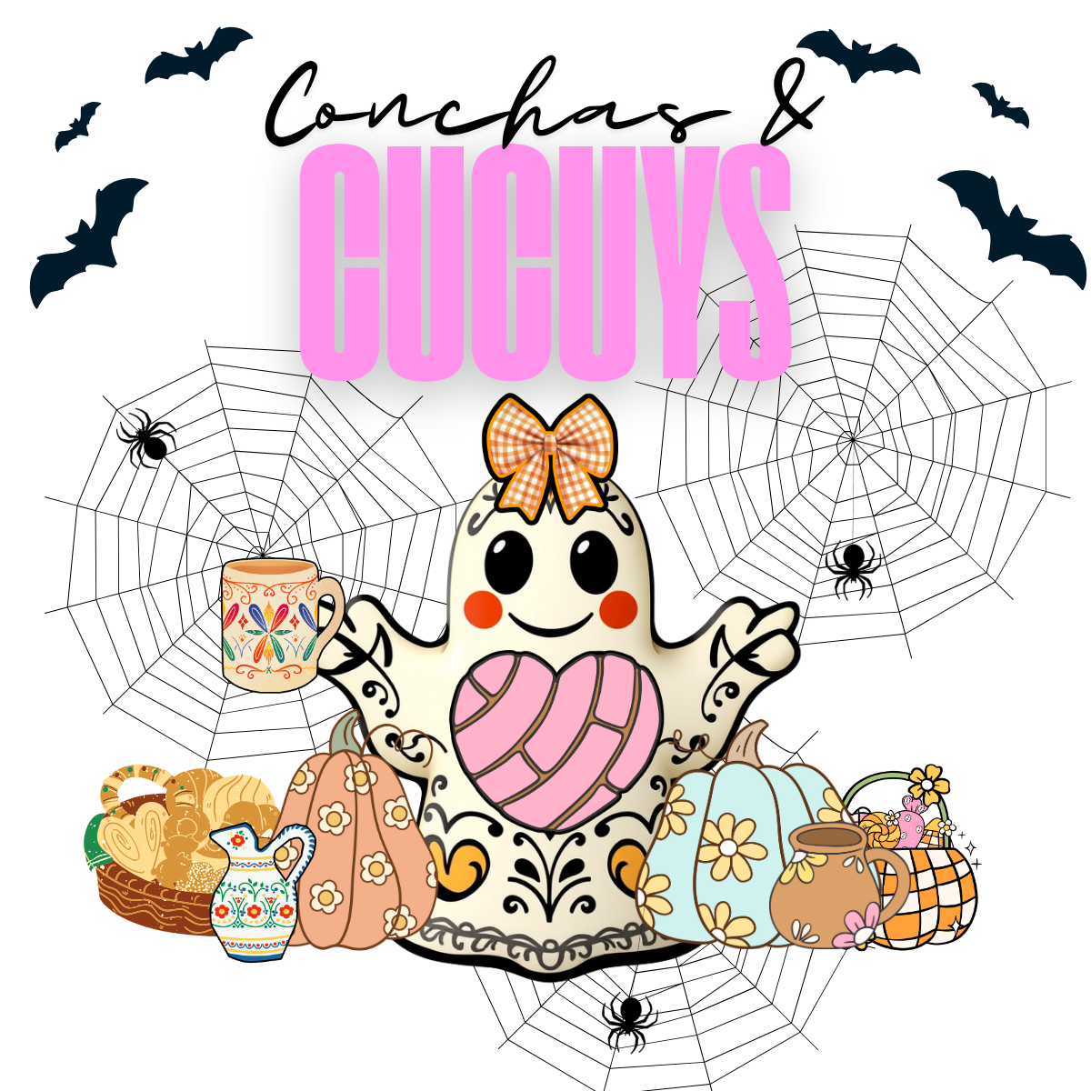 A cute ghost holding a decorated mug surrounded by pumpkins, a teapot, and baskets of baked goods, with spider webs and bats in the background, and the text 'Conchas & CUCUS' at the top.