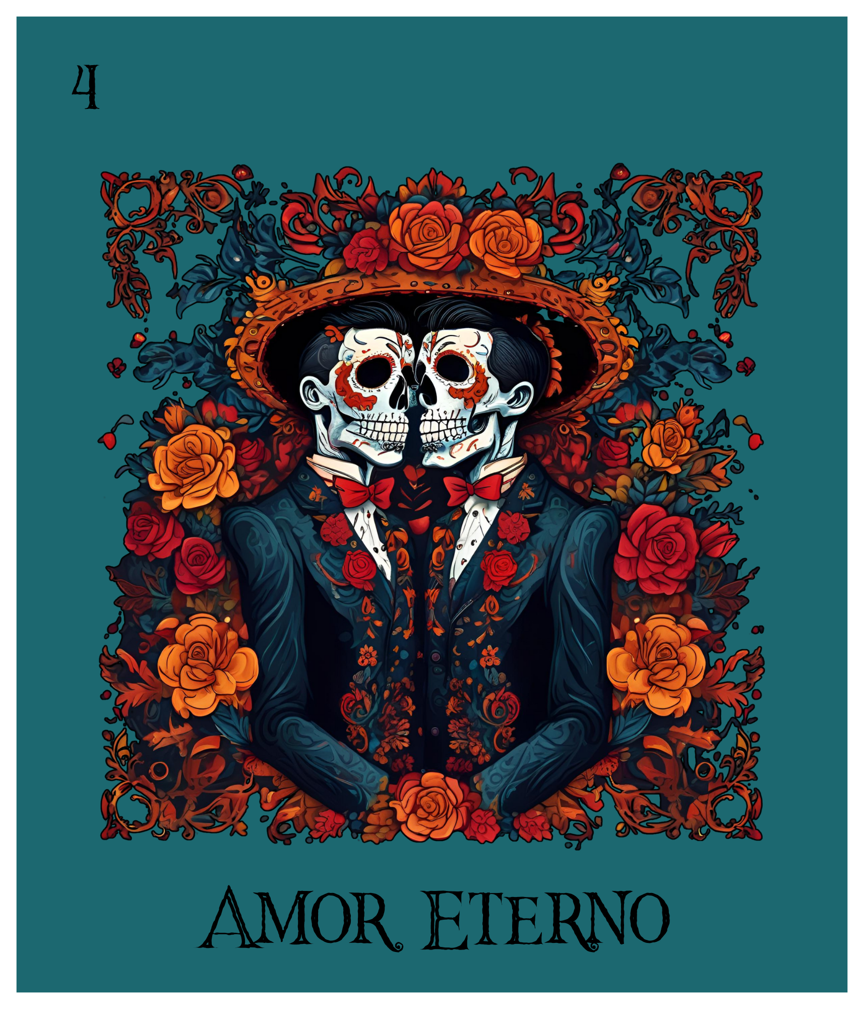 Two figures dressed like Mariachi musicians with skeleton faces and floral designs, surrounded by vibrant orange and red roses, with the words 'Amor Eterno' at the bottom.