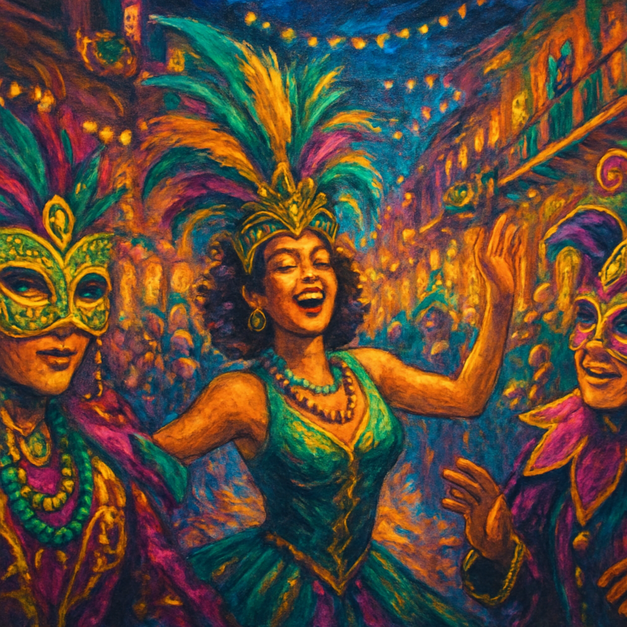 A colorful painting of women in Mardi Gras masks and costumes celebrating at a festival, with confetti and string lights overhead.