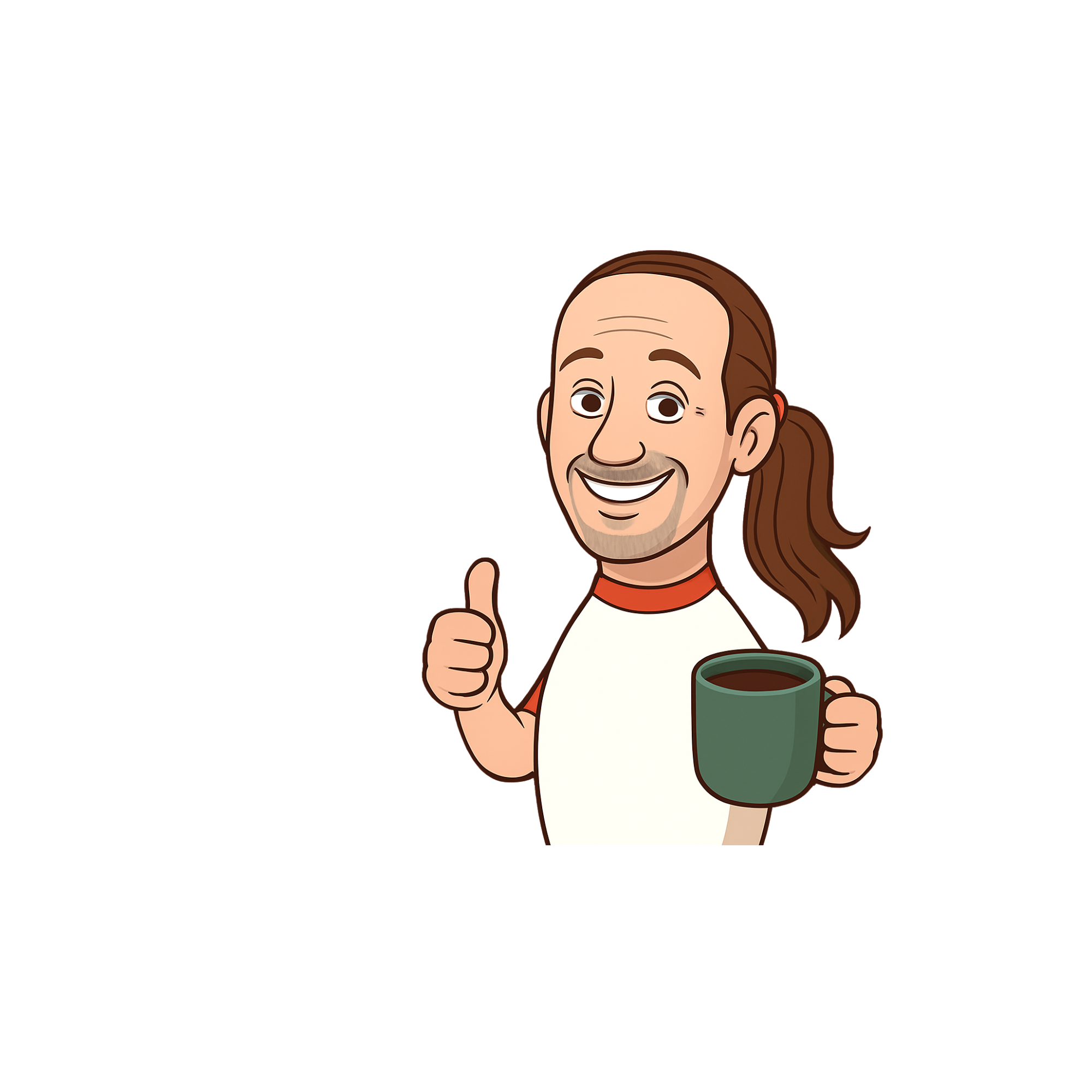 Cartoon man with long hair, smiling, showing a thumbs up, holding a green mug of coffee, standing in front of a wooden background.