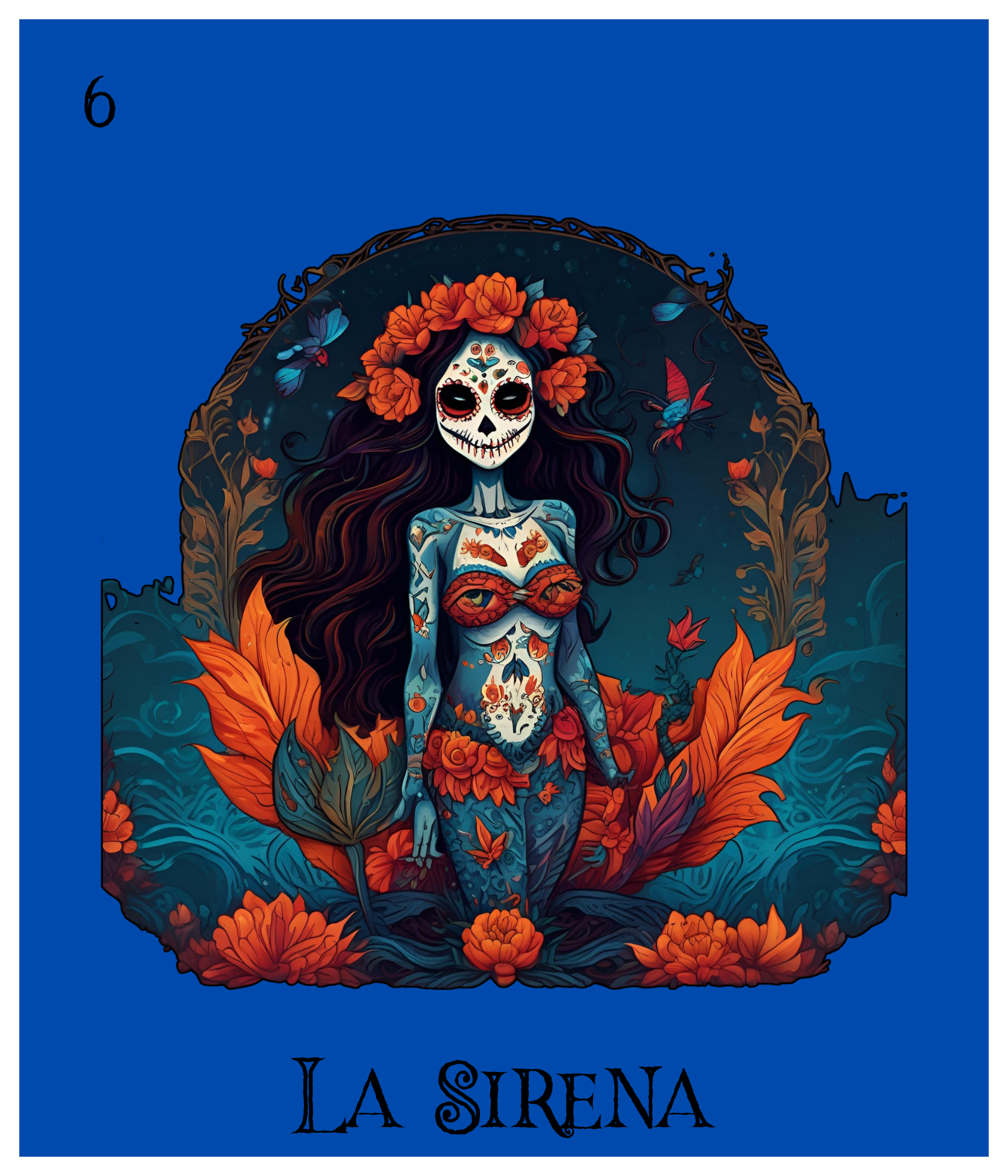Artwork of a woman with a skeleton face decorated in skull makeup, surrounded by orange flowers, holding a koi fish tattooed on her chest, with a dark blue background and orange foliage, labeled 'La Sirena'.