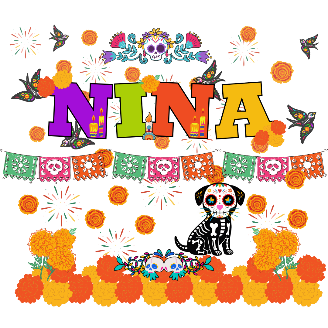 Colorful Dia de los Muertos themed display with the phrase 'NINA', decorated skulls, flowers, candles, butterflies, and papel picado banners featuring skull motifs.