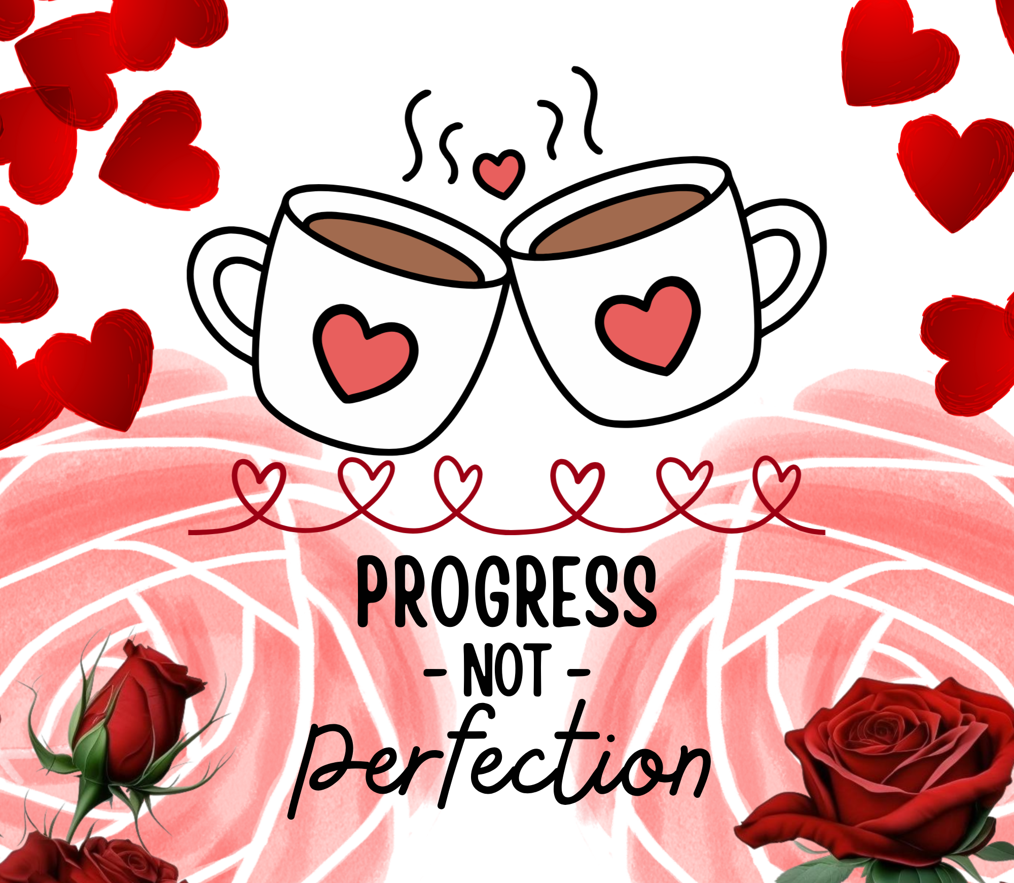 A digital illustration with two cartoon coffee mugs with hearts on them, surrounded by red hearts and roses, with a motivational quote that reads 'Progress not perfection' in black text.