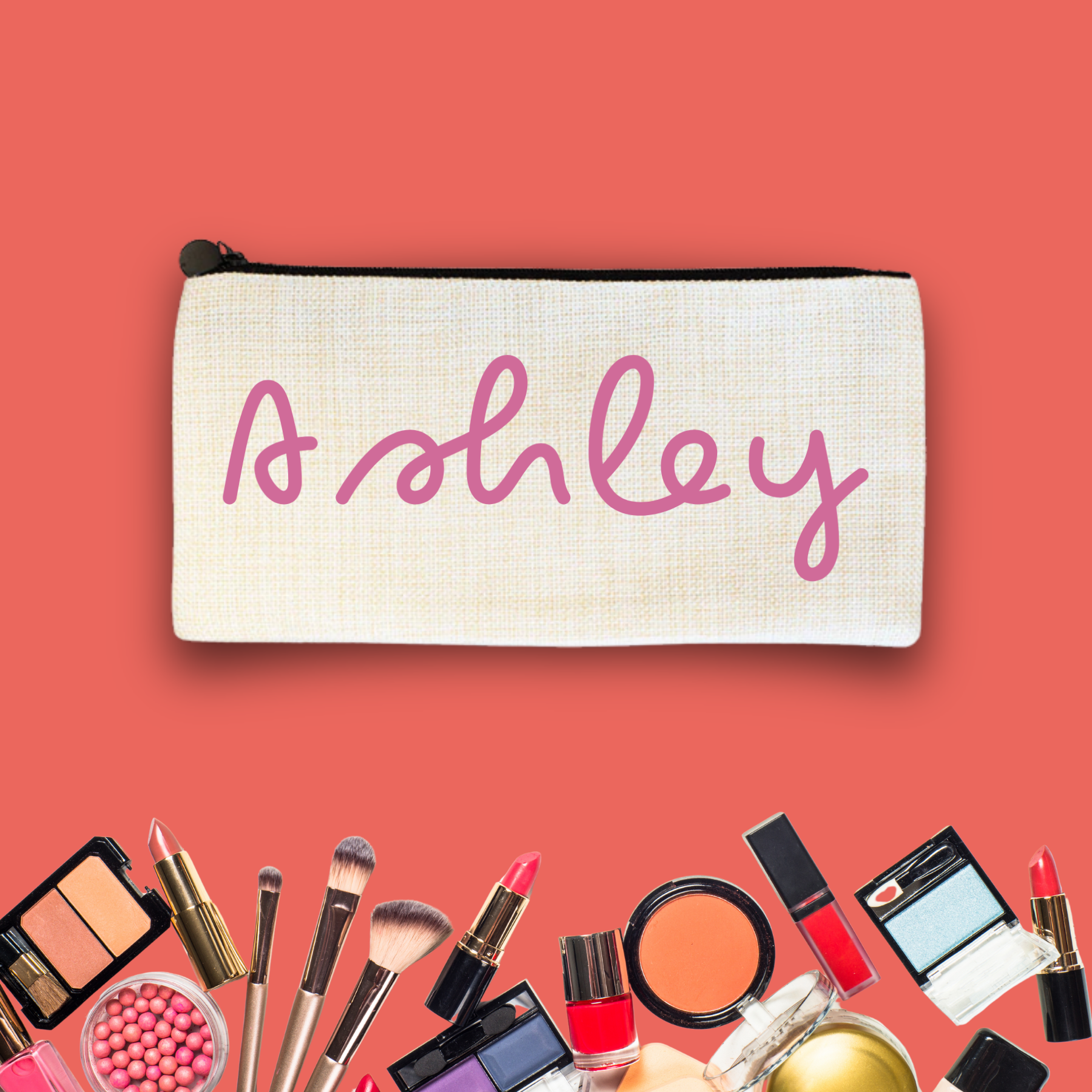 A beige makeup bag with the name 'Sohley' written in purple, surrounded by various makeup products like brushes, lipstick, nail polish, eyeshadow, and blush on a coral background.