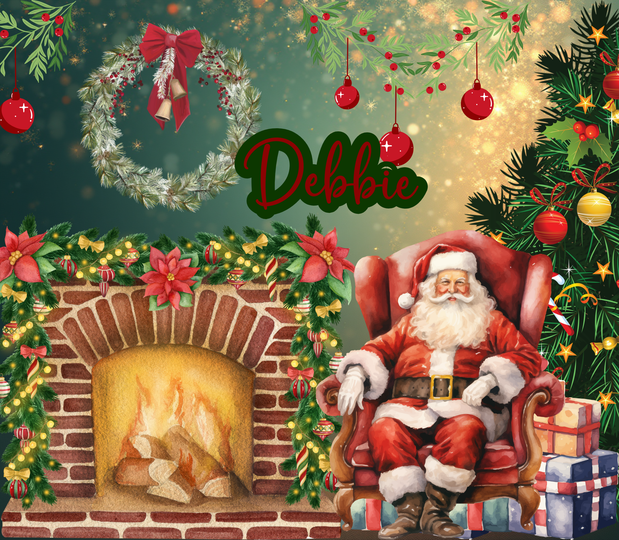 A festive Christmas scene with a decorated fireplace, a large Christmas tree, and Santa Claus sitting in a chair. The fireplace has a roaring fire and is adorned with holiday decorations like red poinsettias and ornaments. The background features a g