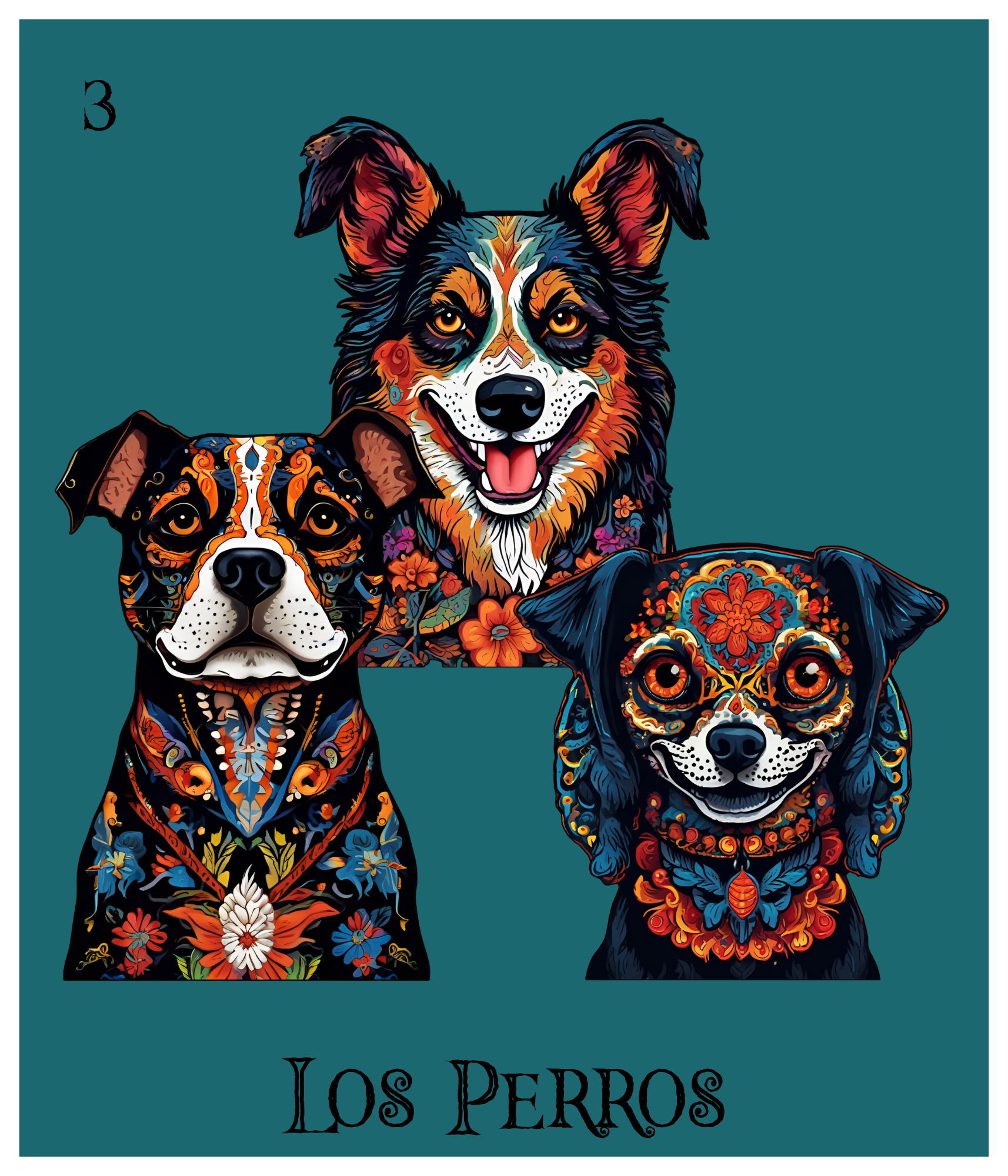 Illustration of three dogs with colorful floral and ornate designs, with the text "Los Perros" below.