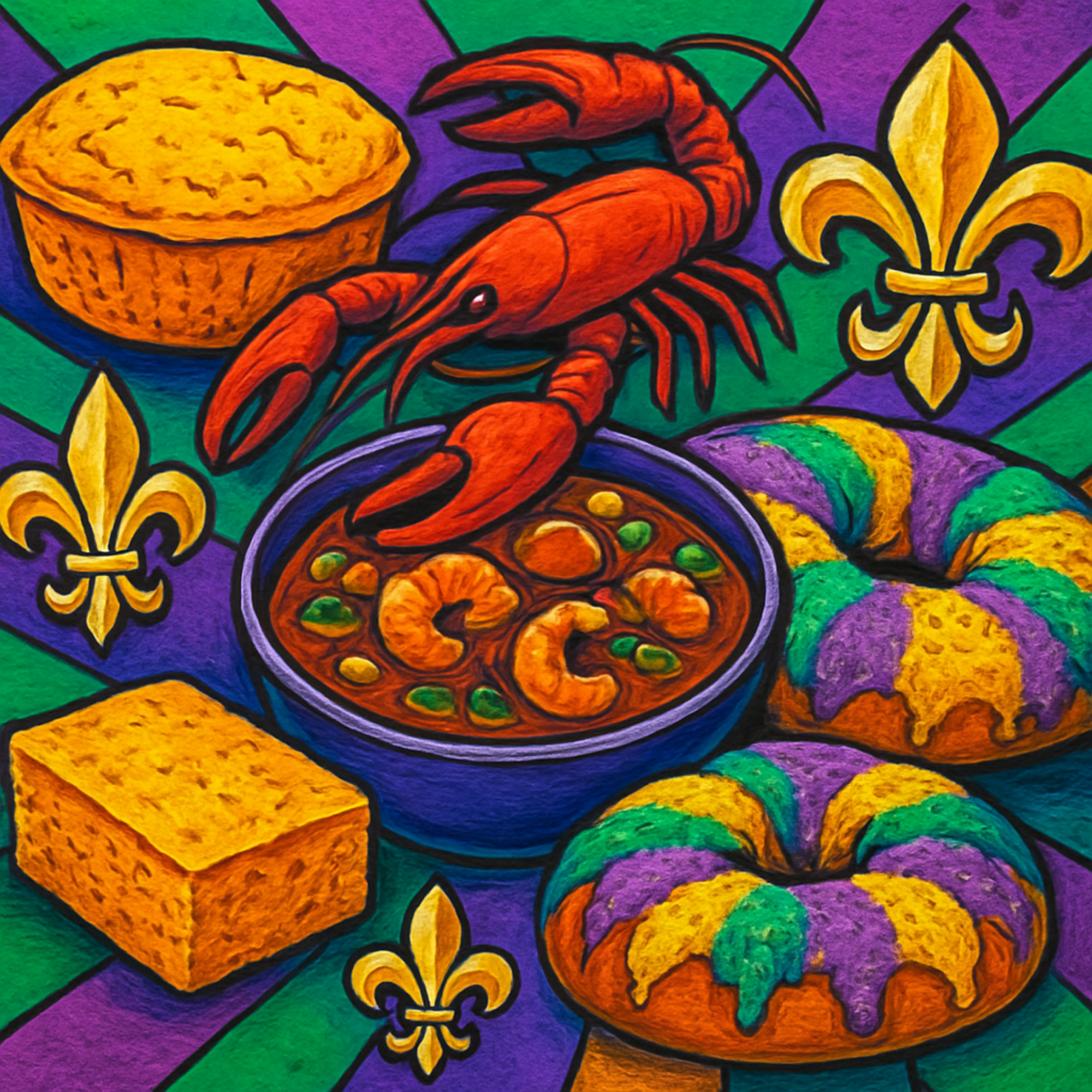 Colorful illustration of Mardi Gras foods including a crawfish, a bowl of gumbo, king cakes, cornbread, and decorative fleur-de-lis symbols.