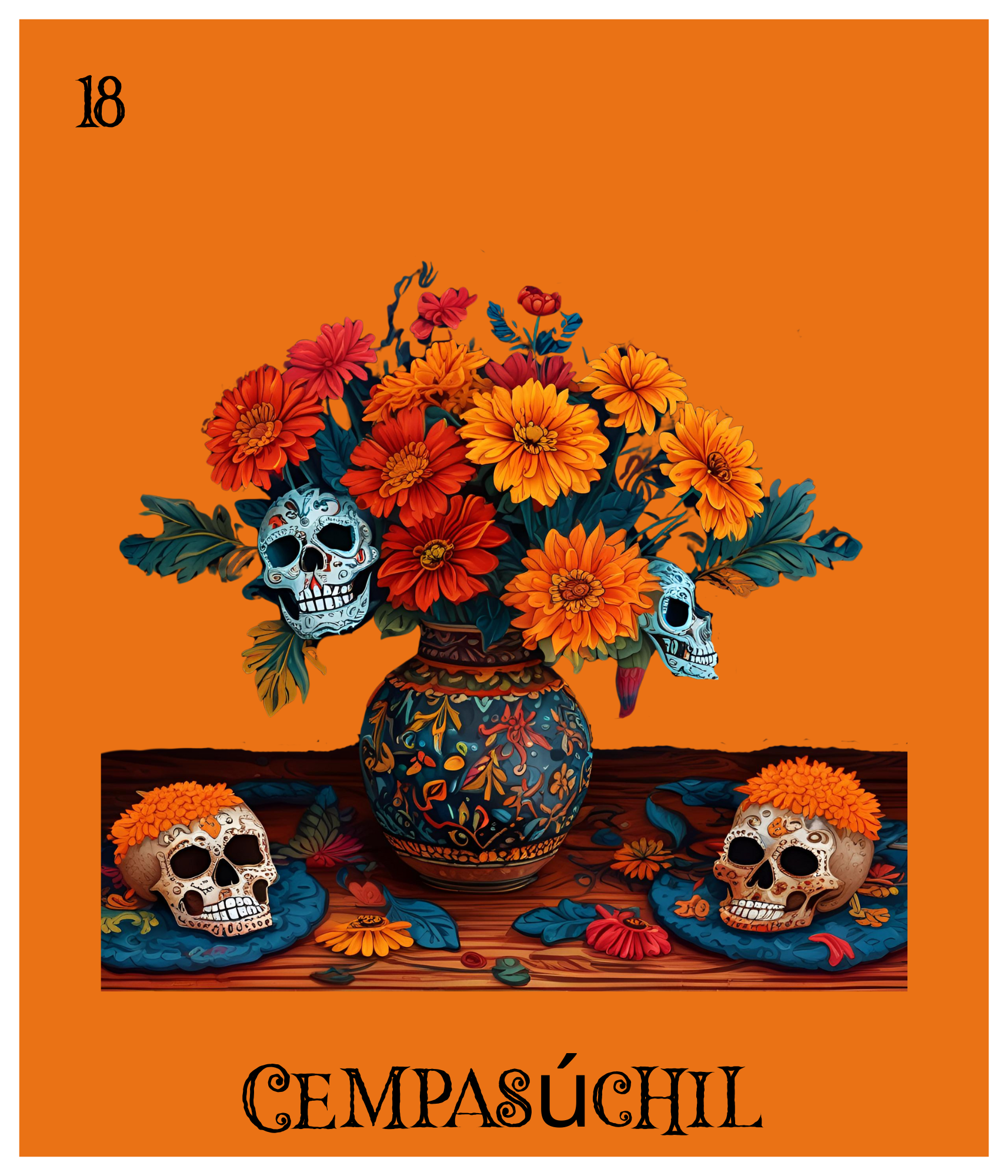 A decorative illustration of a Día de los Muertos altar with a large vase of orange and red flowers, decorated skulls, and traditional elements on a wooden surface, with the word "CEMPAÚCHIL" at the bottom and the number "18" in the top left corner.