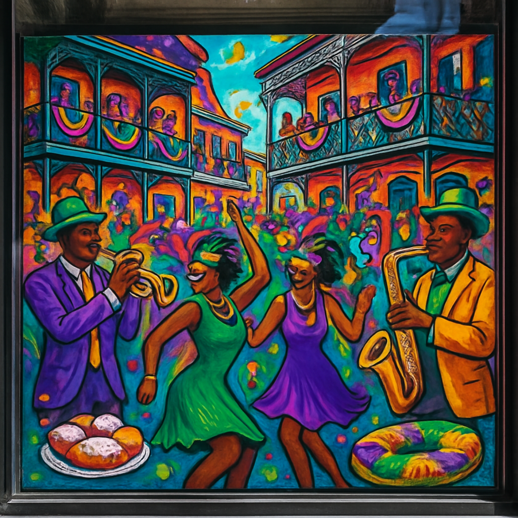 Colorful painting of a lively street carnival with two women dancing and two men playing musical instruments, surrounded by a crowd and balcony spectators.