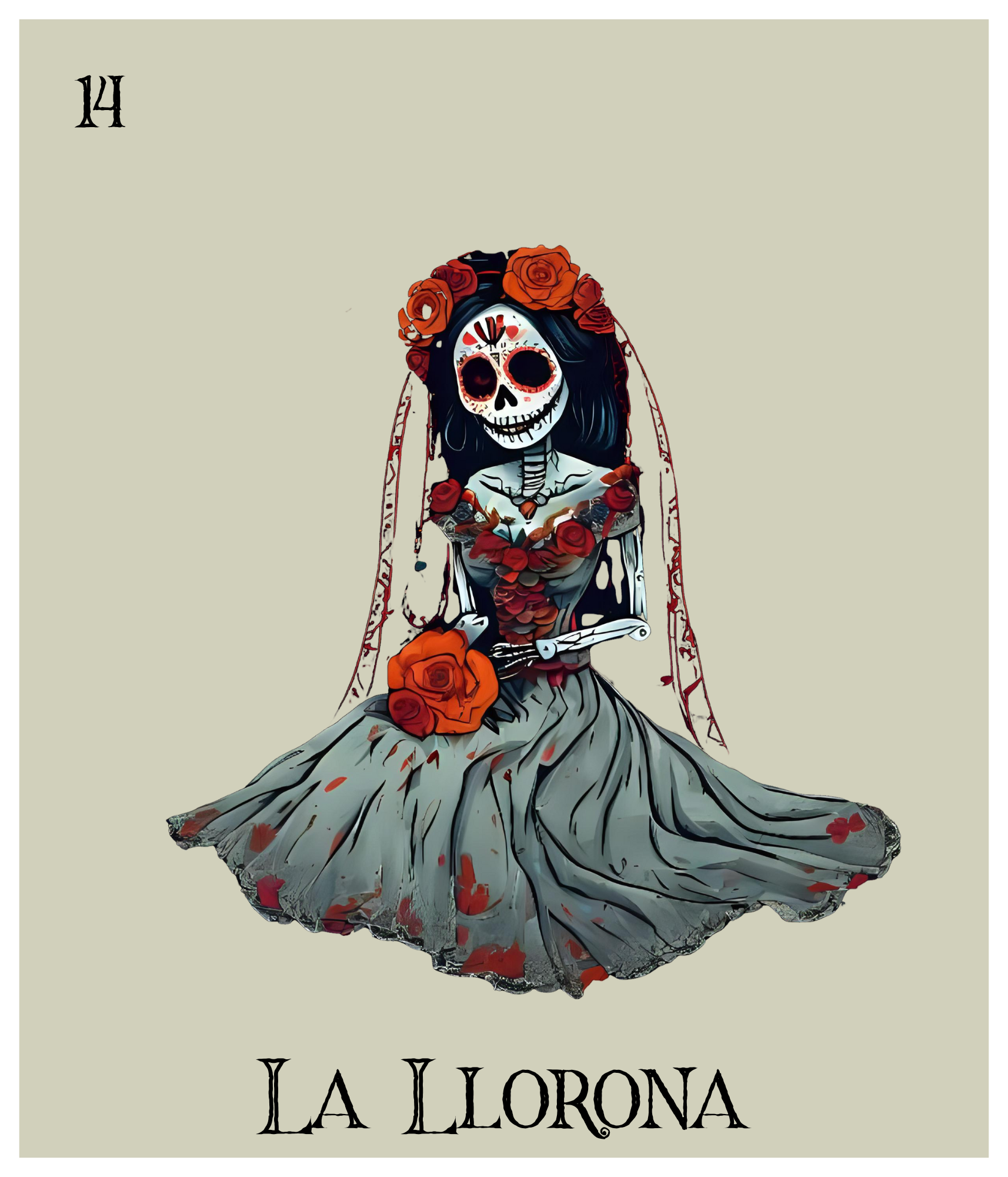 Stylized illustration of a skeleton woman with a skull face decorated with Day of the Dead motifs, wearing a gray dress stained with blood, adorned with roses and her long black hair. The background is plain with the number 14 in the top left and the