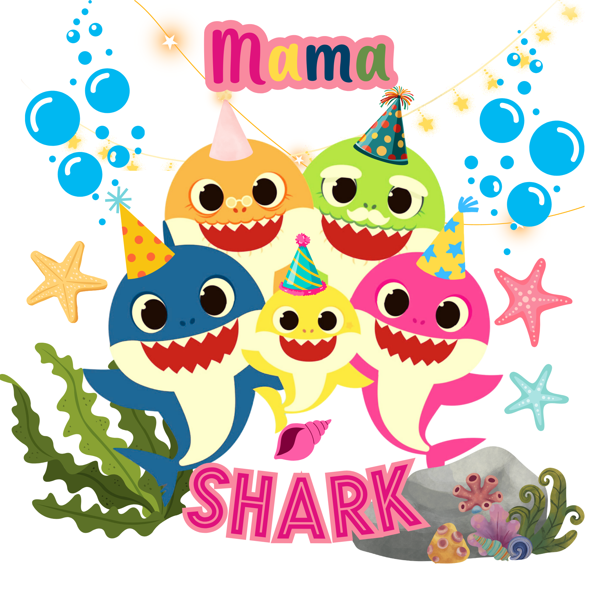 Illustration of five colorful cartoon sharks celebrating a birthday, wearing party hats with the words 'Mama Shark' written above and below, decorative stars, bubbles, and marine life elements.