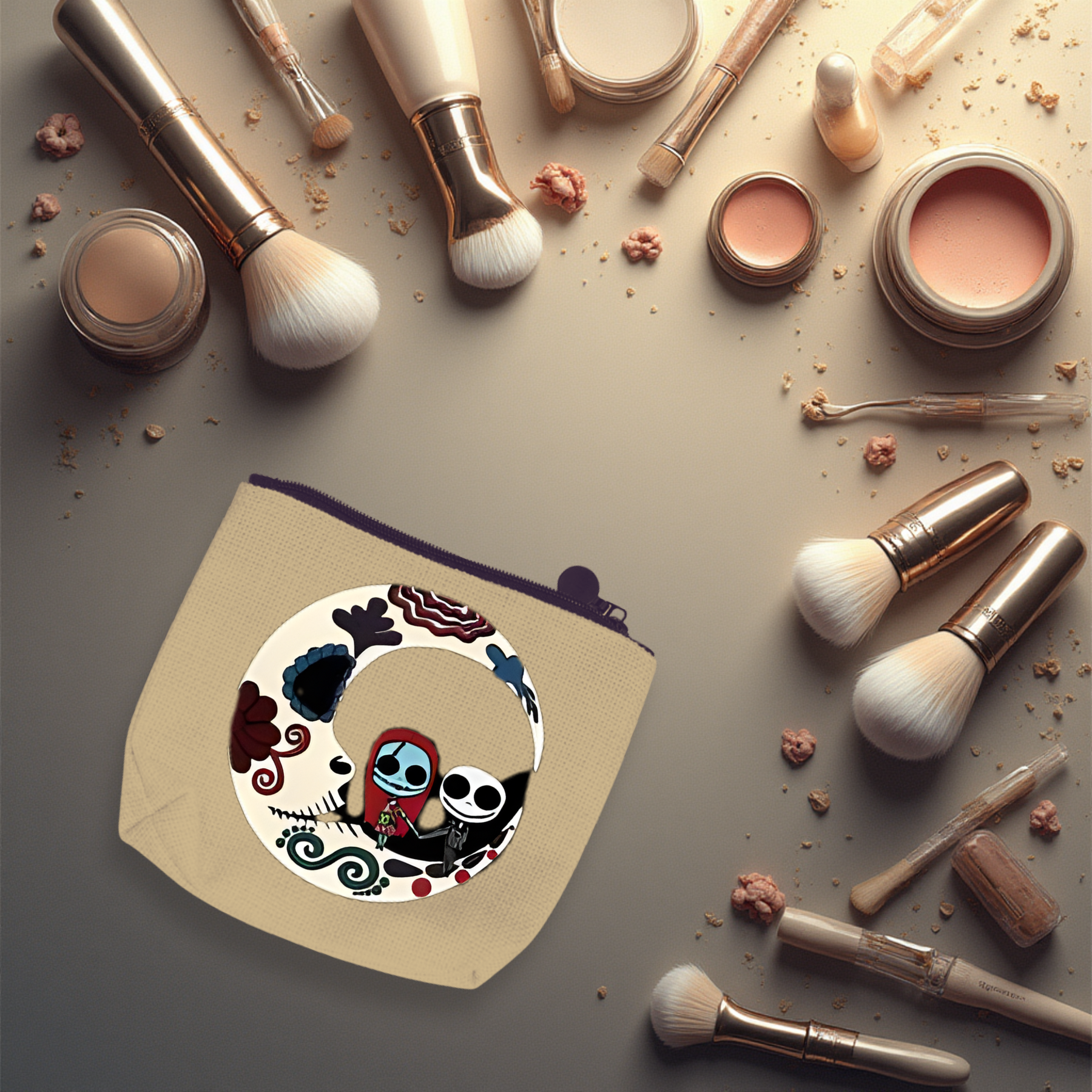 Makeup brushes, powders, and skincare products scattered around a beige zippered pouch with a colorful day of the dead themed design.