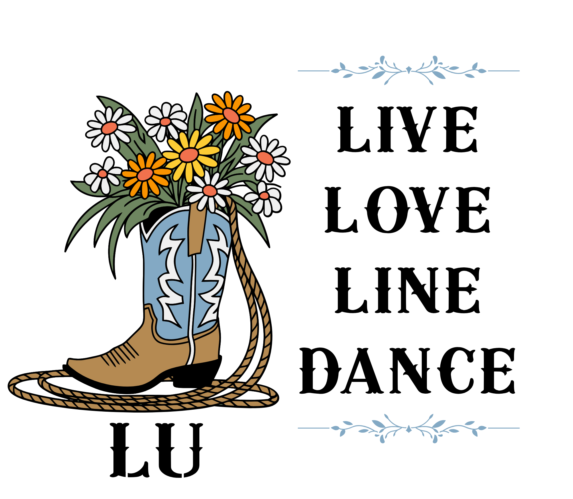 A cowboy boot with a flower bouquet inside it, with decorative borders at the top and bottom of the image.