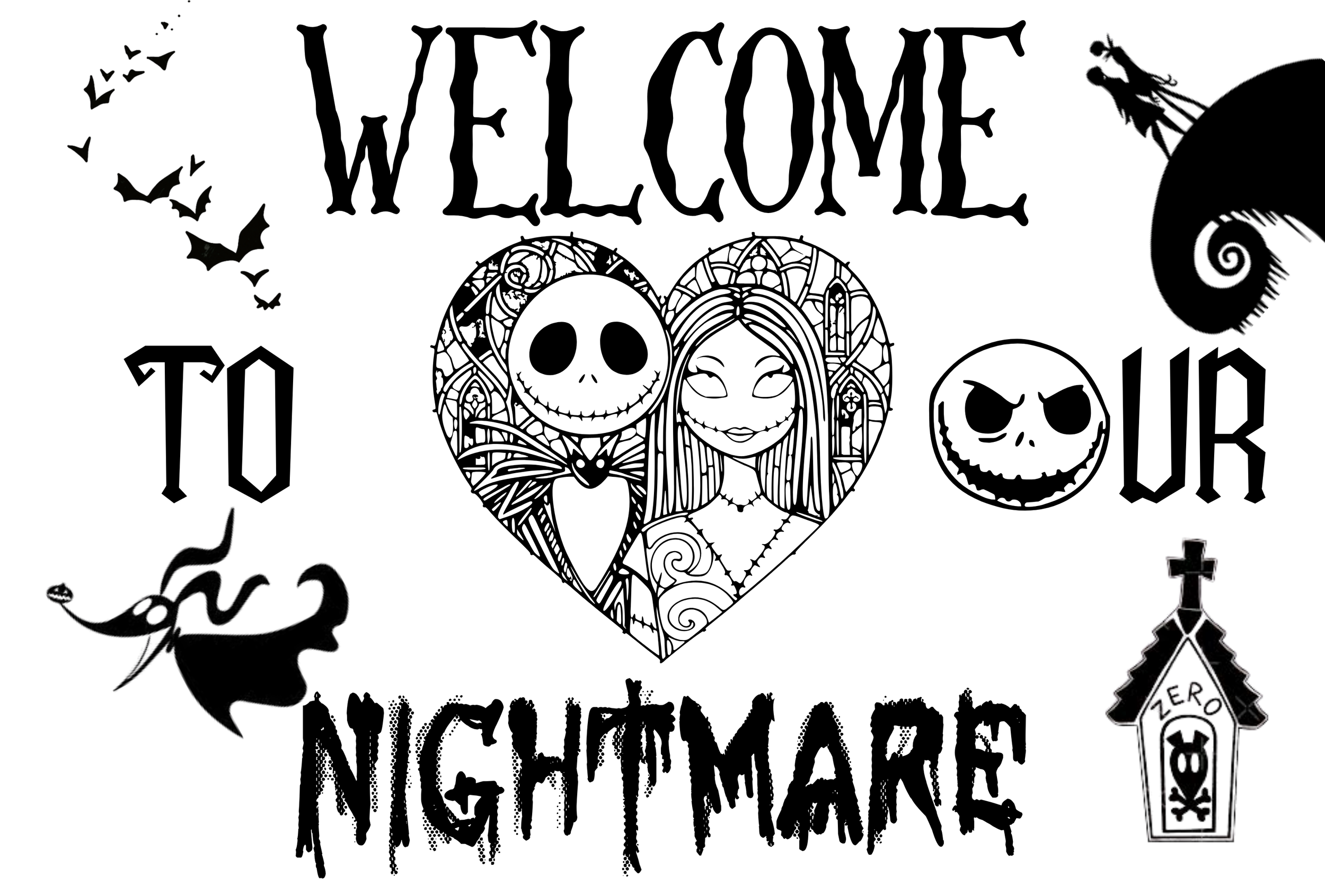 A Halloween-themed black and white illustration with the words "Welcome to Your Nightmare". The central image features a heart with a smiling skeleton and a girl inside, surrounded by various spooky elements including bats, a witch on a broomstick, a