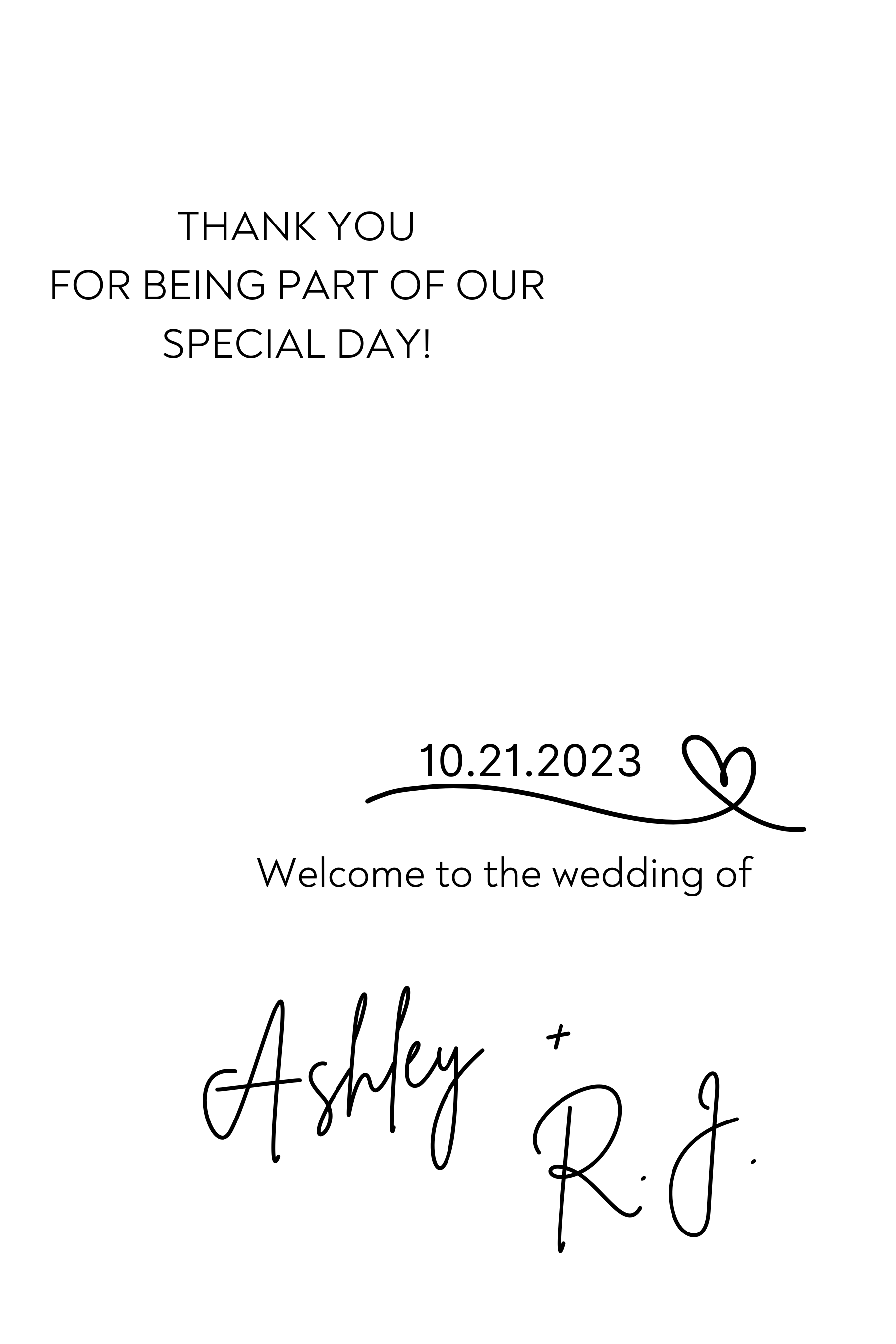 Wedding invitation with text thanking guests, date 10.21.2023, and signatures of Ashley and R. J.