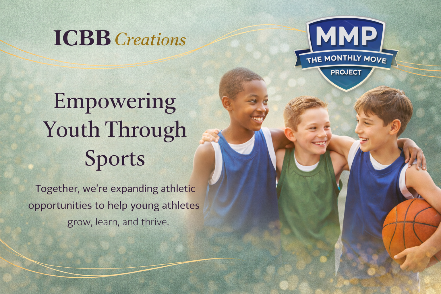 Three young boys in sports jerseys smiling and embracing, one holding a basketball, on a background with text about empowering youth through sports.