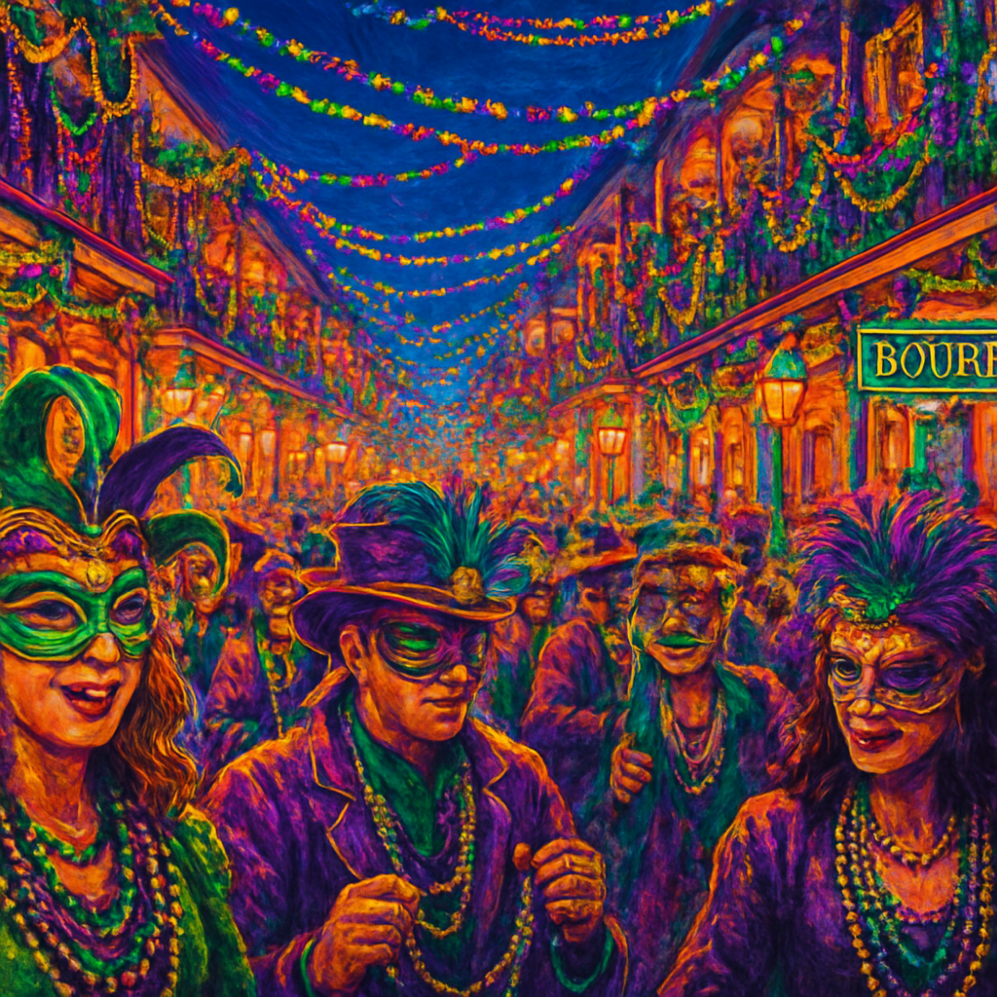 Nighttime Mardi Gras celebration with people wearing colorful masks and beads, street decorated with festive lights, and a sign reading 'BOUR' visible on the right.