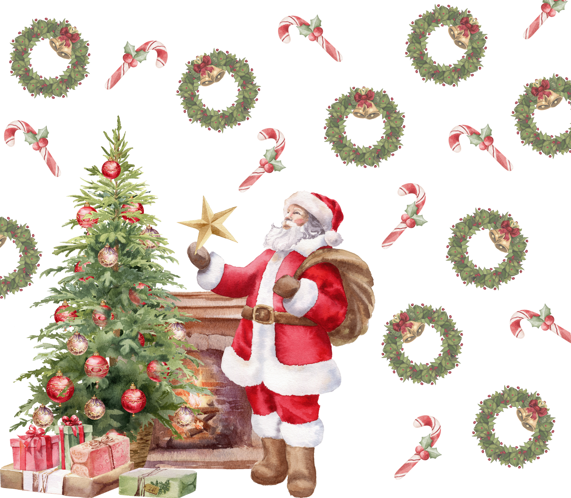 Holiday scene with Santa Claus standing next to a decorated Christmas tree, holding a golden star, in front of a fireplace. The background features a repeating pattern of Christmas wreaths, candy canes, and bells.