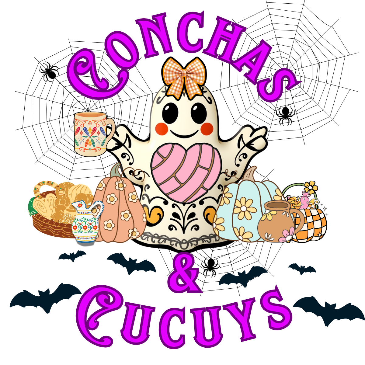 Cute cartoon ghost with a orange checkered bow on head, holding a decorated mug, surrounded by pumpkins, bats, and spider webs with the text 'Conchas & Cucuy's' in purple letters, celebrating Halloween.