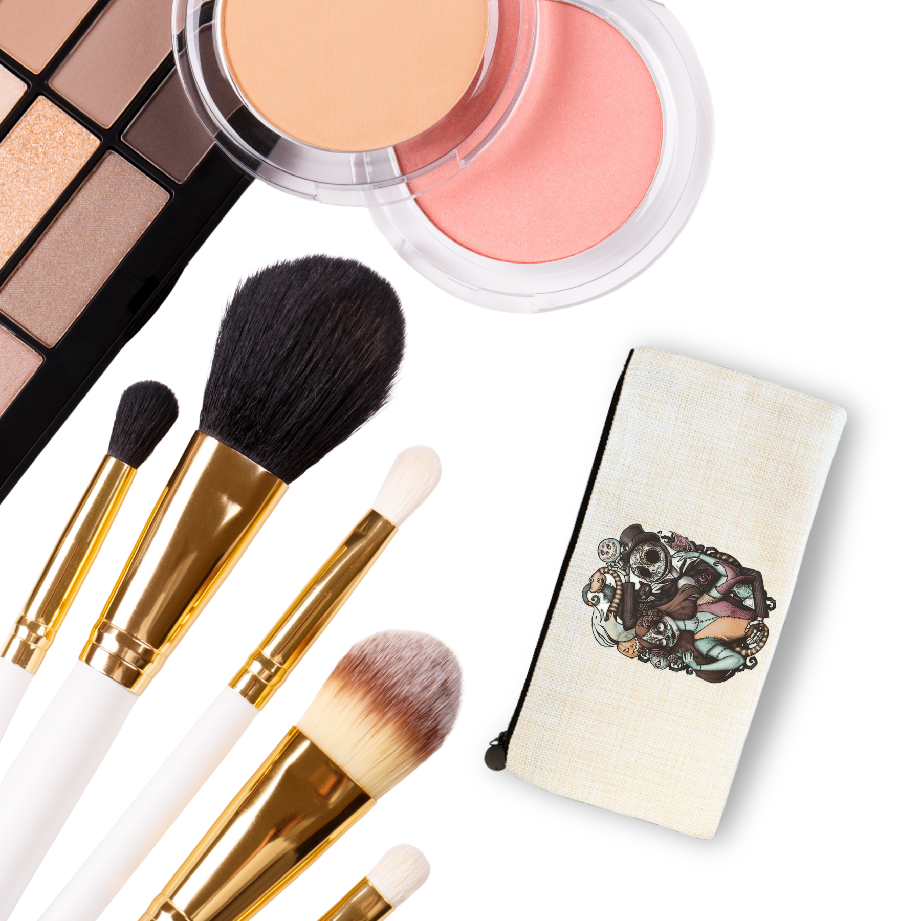 A collection of makeup brushes, eyeshadow palette, blush, and a decorative makeup case on a white background.