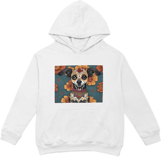 White hoodie with a colorful graphic of a smiling dog with flowers and abstract patterns in the background.