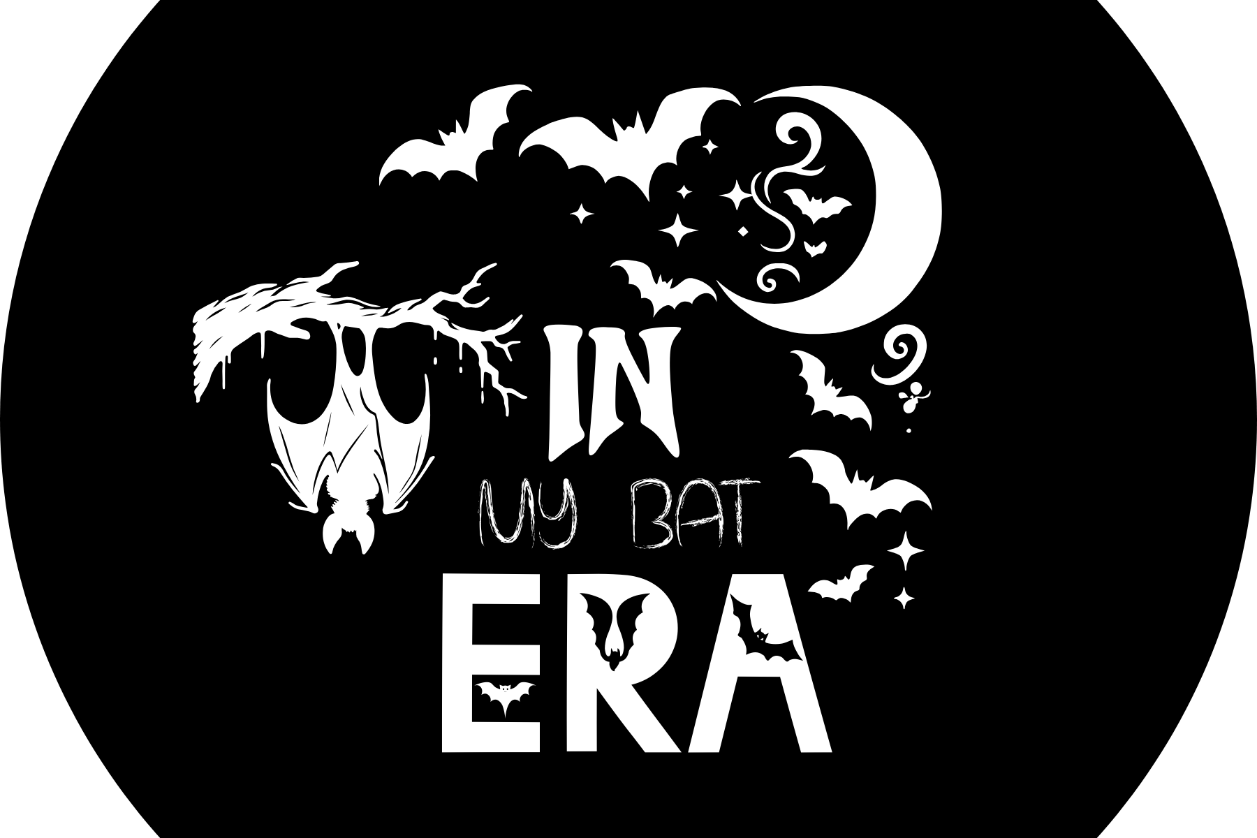 A Halloween-themed design with bats, a moon, and a haunted tree. Text reads 'In My Bat Era' with bats inside the letters.