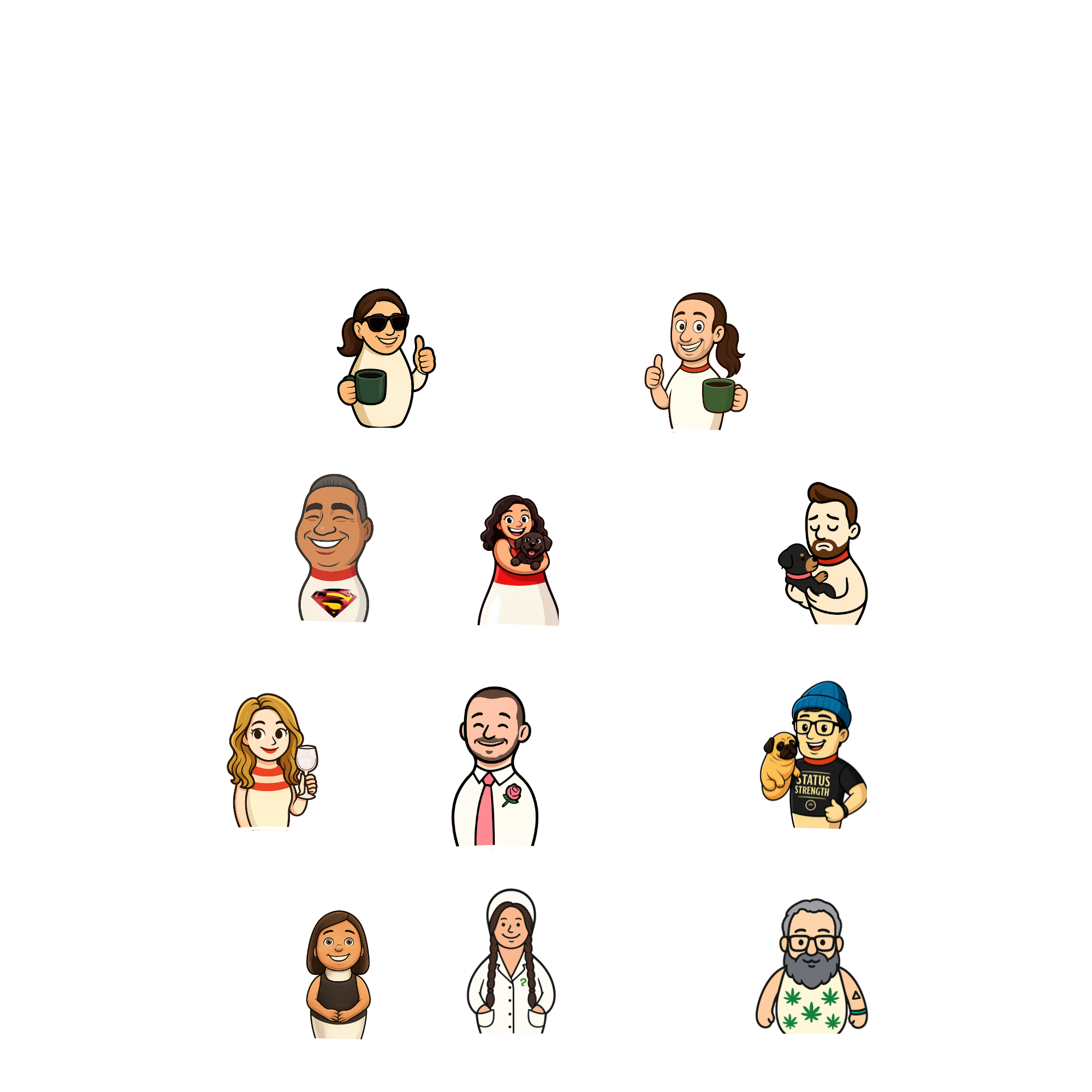 Cartoon family tree with portraits of several people, some holding drinks, some with pets, female and male, in different styles of clothing and accessories, arranged in a hierarchy.