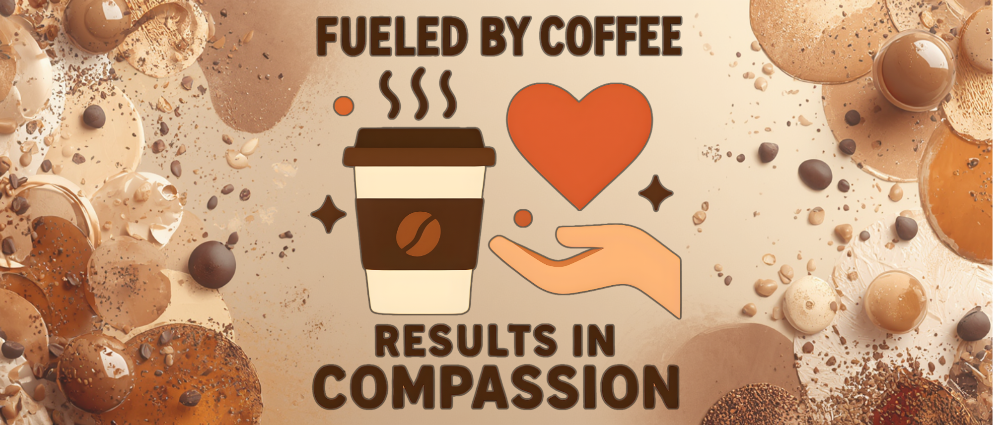 A graphic with a coffee cup, a heart, and a hand, with text saying 'Fueled by coffee results in compassion' and an background with scattered coffee beans and chocolate candies.