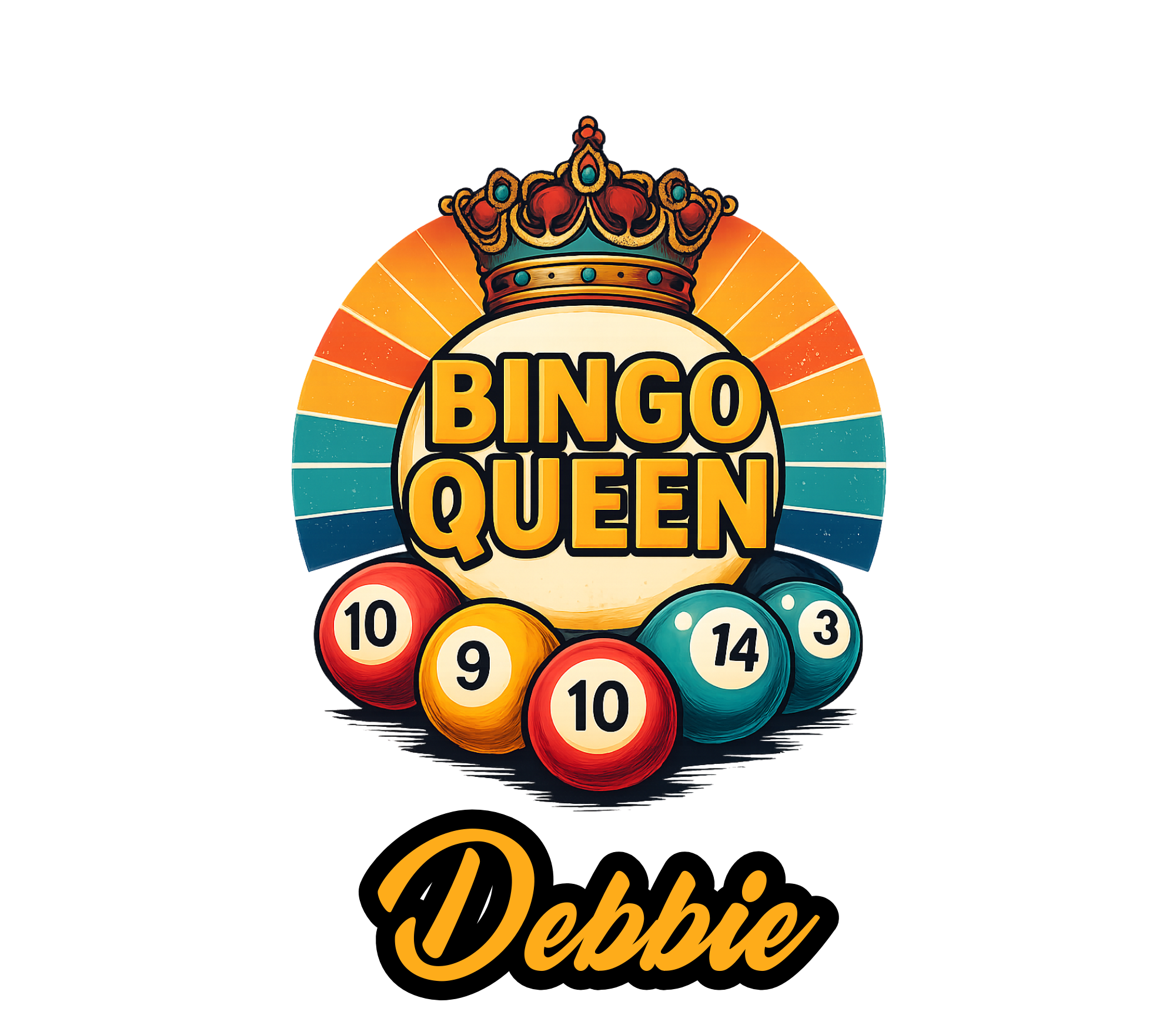 Colorful bingo-themed logo with a crown, the words 'Bingo Queen', several bingo balls numbered 3, 9, 10, and 14, and the name 'Debbie' written below in cursive.