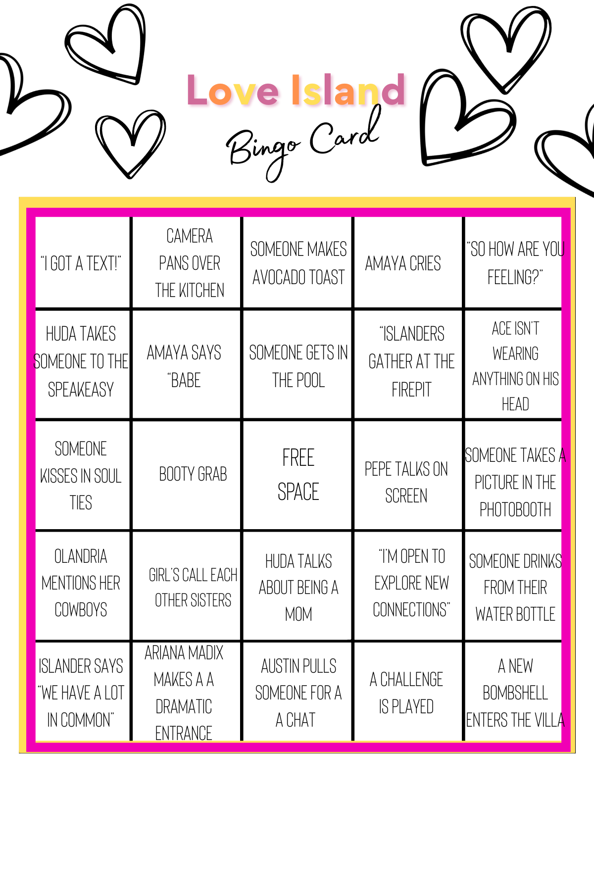 Love Island bingo card with hearts and colorful text.
