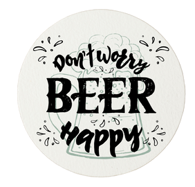 Circular graphic with the phrase 'Don't Worry Beer Happy' in black font, decorated with small lines and dots.