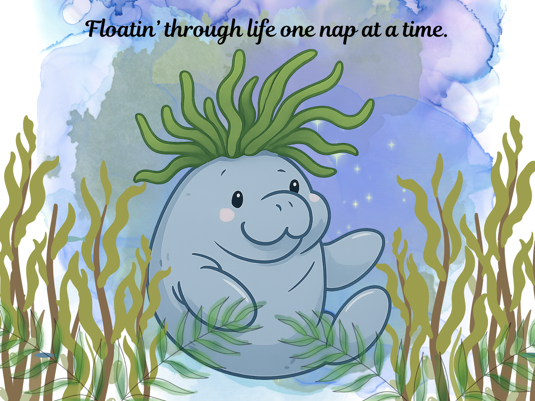 Cute cartoon character resembling a Komodo dragon with a large, rounded body and a friendly face, sitting among seaweed in an underwater scene with blue and purple water and bubbles, accompanied by the text 'Floatin' through life one nap at a time.'