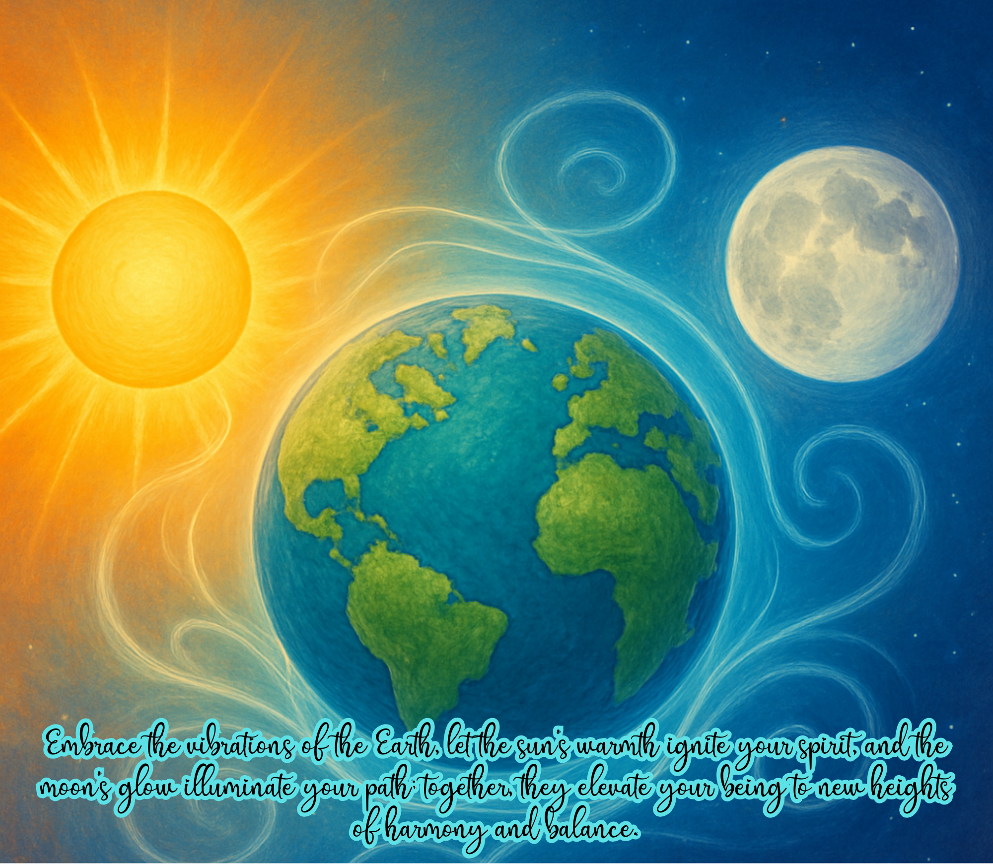 A colorful illustration of the Earth, with the Sun on the left and the Moon on the right, surrounded by swirling lines and stars in the background. Text overlay reads: 'Embrace the vibrations of the Earth, let the sun’s warmth ignite your spirit and 