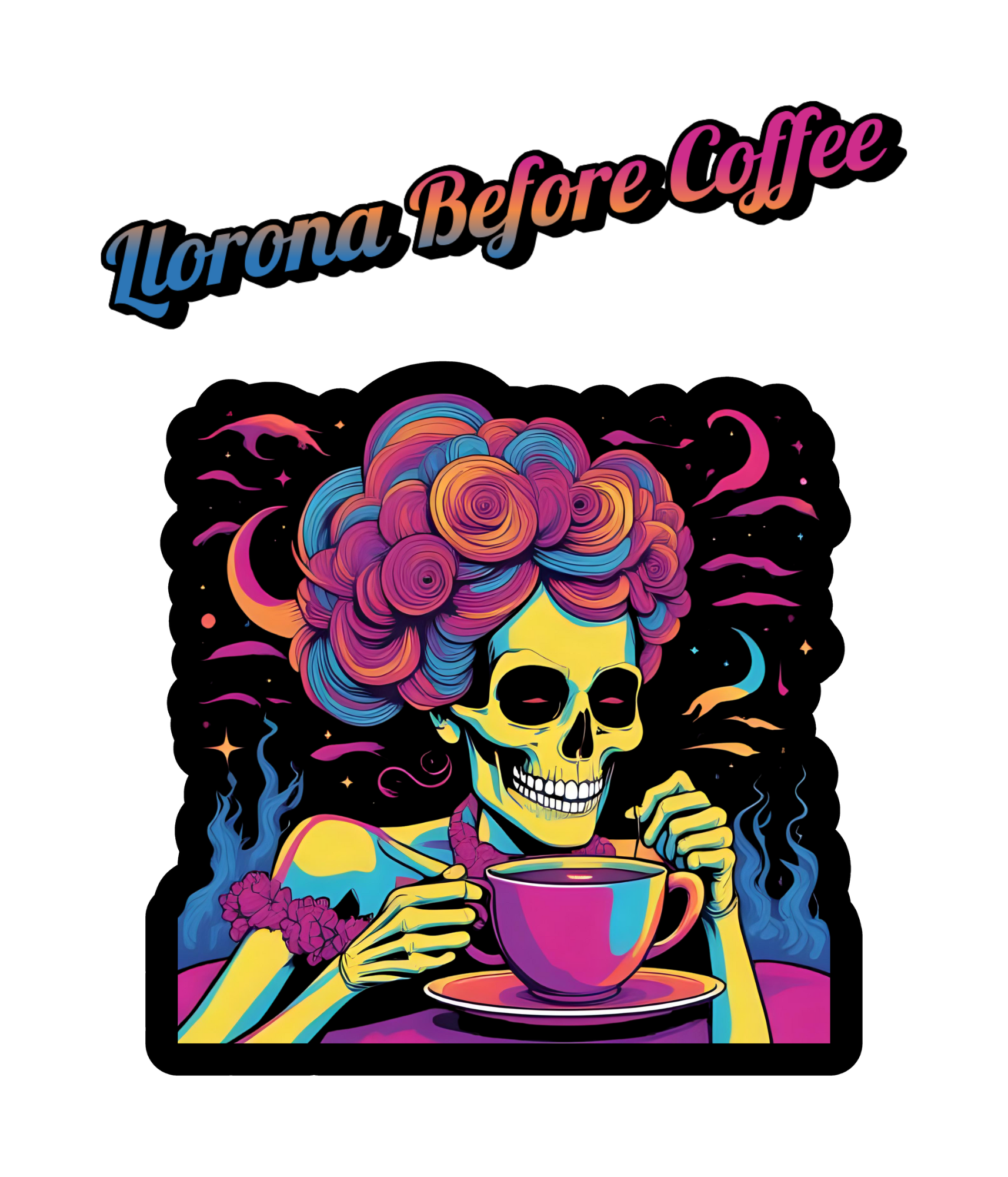Colorful digital artwork of a skeleton with pink and purple hair, holding a purple coffee cup.