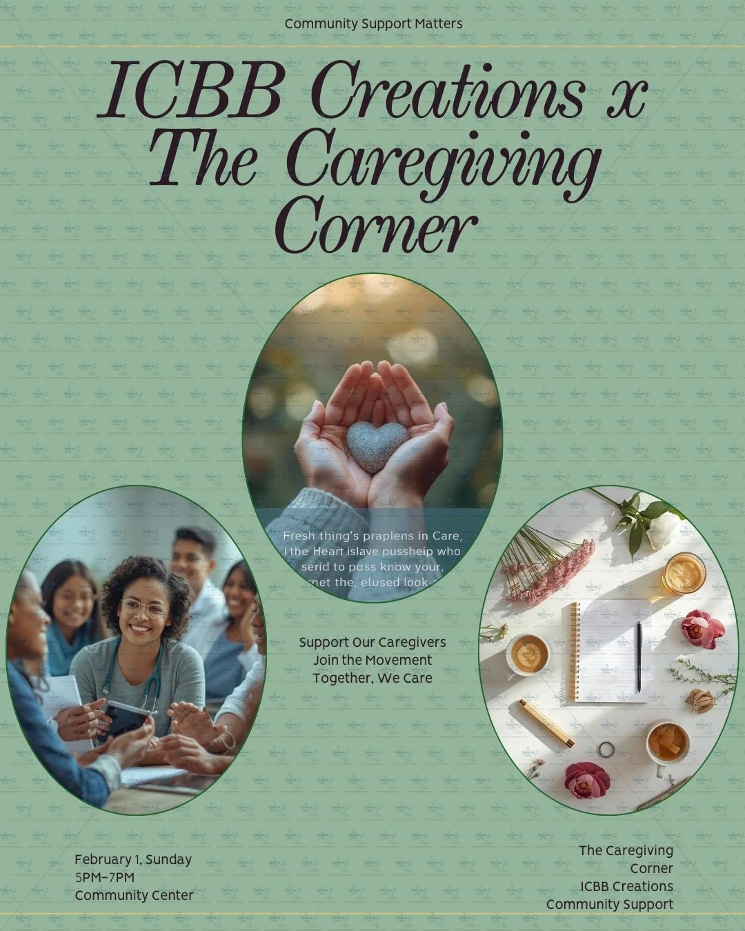 Support community event poster for ICBB Creations focusing on caregiving. Features images of hands holding a heart, a group of smiling caregivers, and caregiving supplies. Event details: February 1, Sunday, 5 PM to 7 PM at the Community Center, hosted by ICBB Creations Community Support.