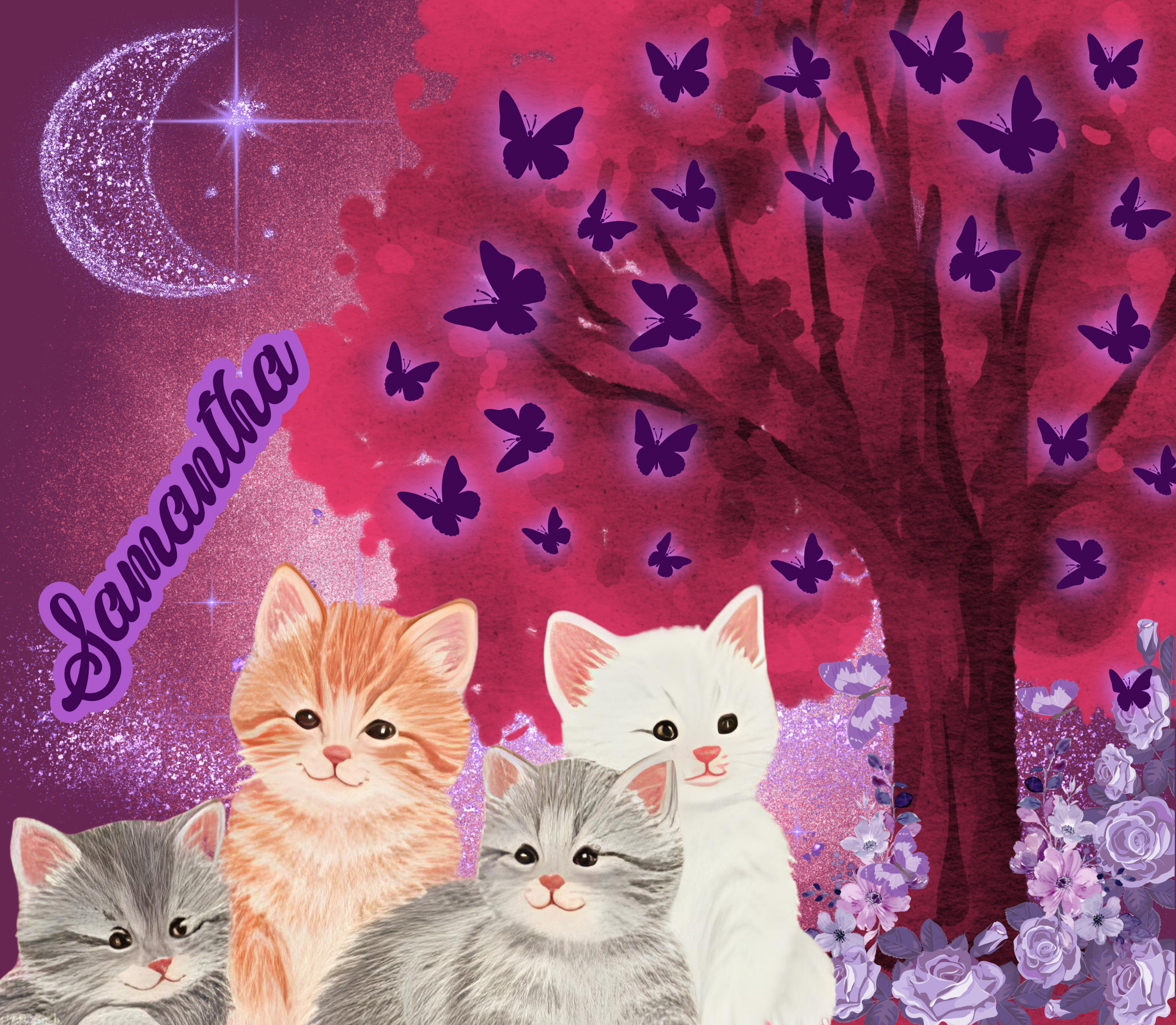 Four cute kittens of different breeds and colors in front of a stylized pink and purple background with a tree, purple butterflies, a glittering crescent moon, and the word 'Sentosa' in purple script.