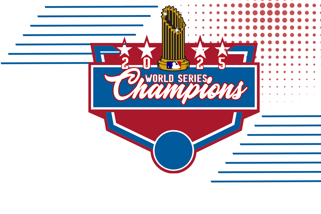 MLB World Series Champions logo for 2025, featuring a baseball trophy, stars, and patriotic red, white, and blue colors.