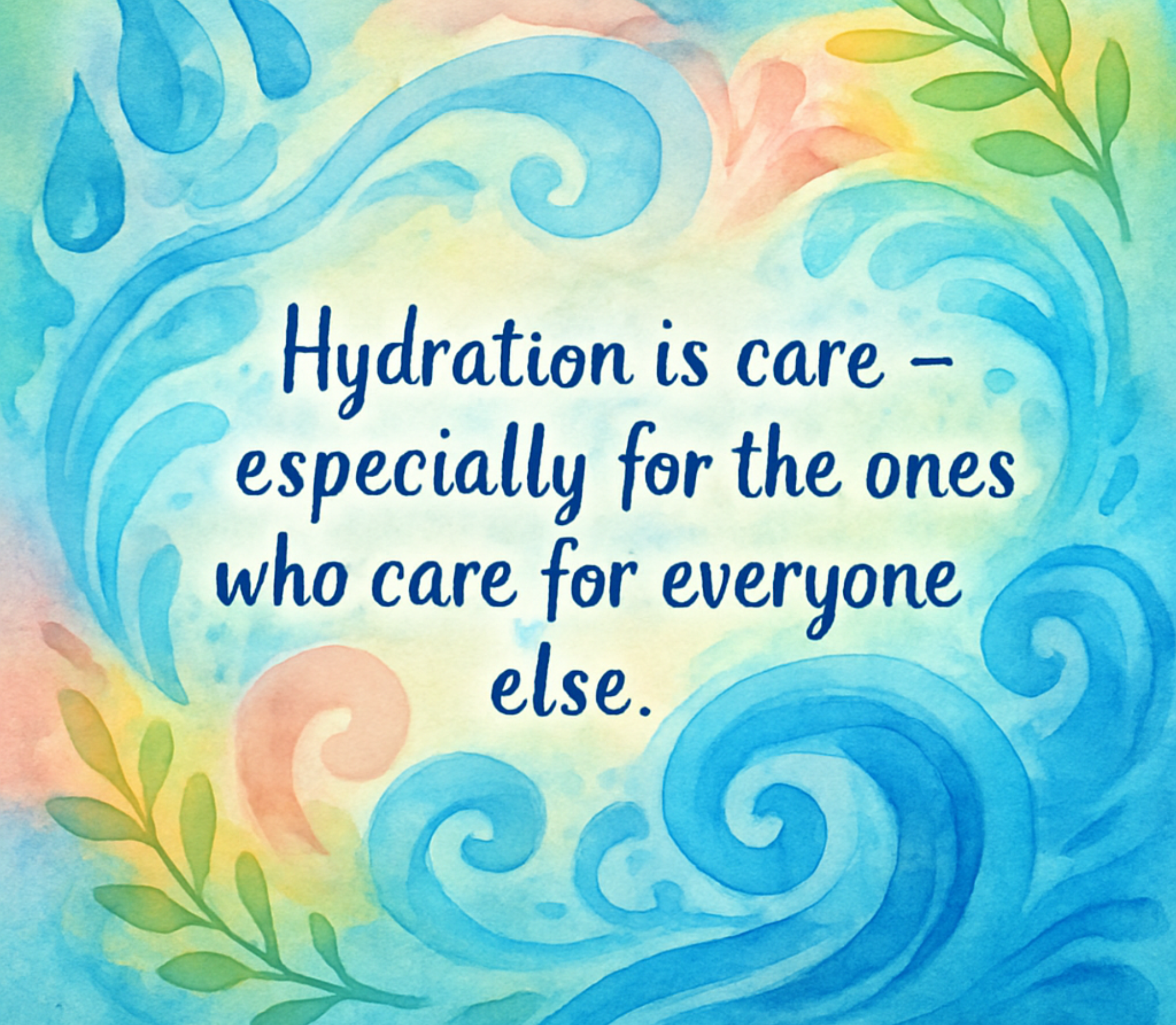 Colorful watercolor background with blue and green swirls and leaves, containing the quote: "Hydration is care - especially for the ones who care for everyone else."