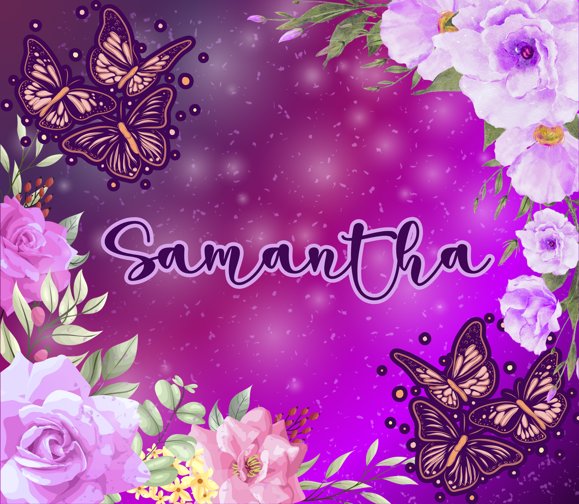 A vibrant purple background decorated with pink and purple flowers, and orange and purple butterflies. The name 'Samantha' is written in purple cursive in the center.