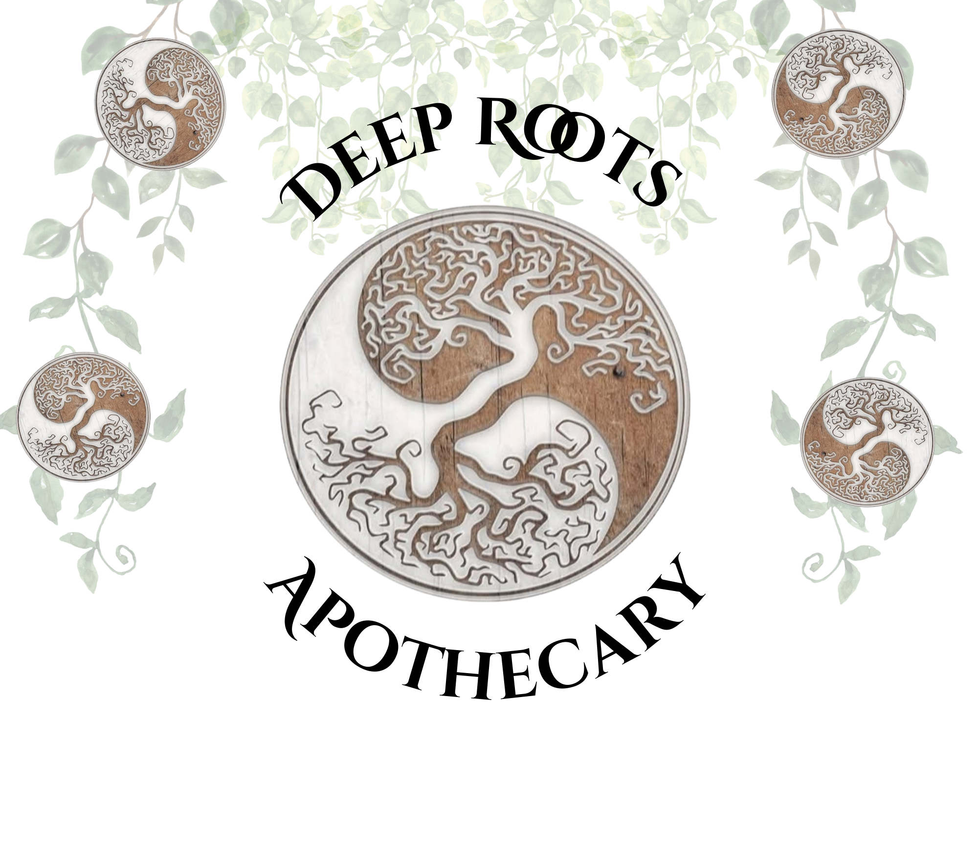 A decorative sign with a large circular wooden emblem featuring a stylized tree, surrounded by smaller similar emblems, and the words "Deep Roots Apothecary" in black text.