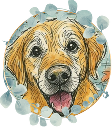 Illustration of a happy brown dog with a pink tongue surrounded by blue butterflies.