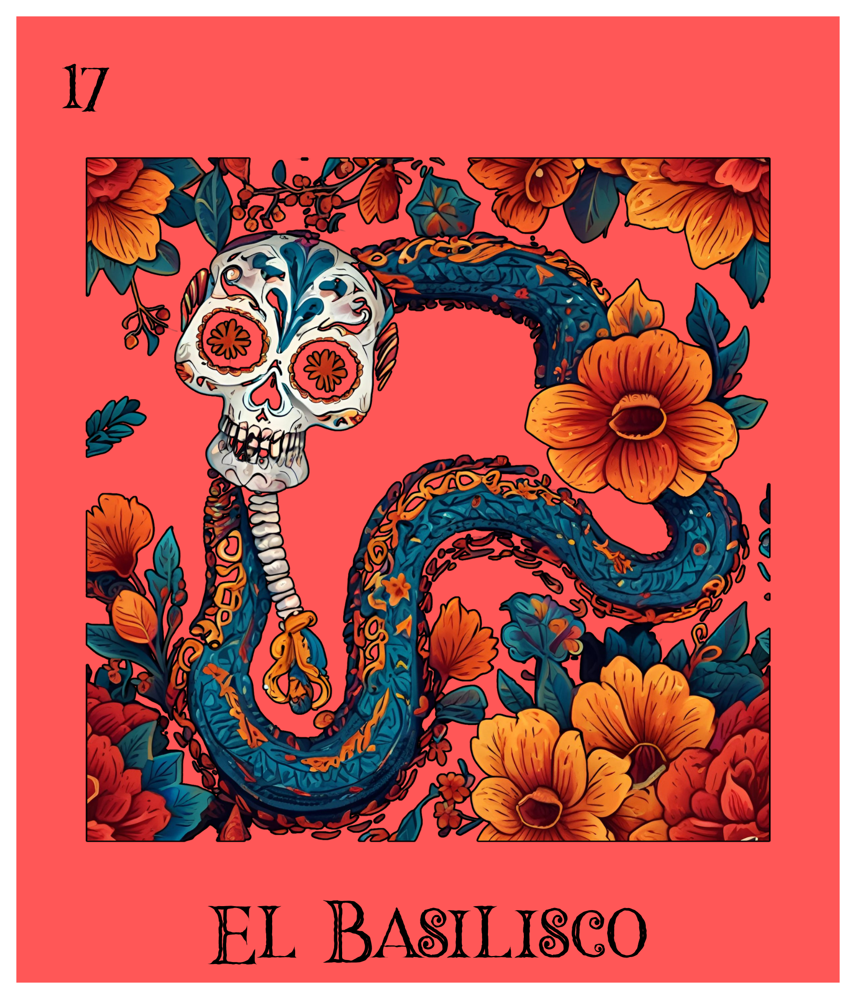 A colorful illustration of a snake with a dog skull for a head, surrounded by orange and red flowers on a pink background. The text 'El Basilisco' and the number 17 are at the top and bottom of the image.