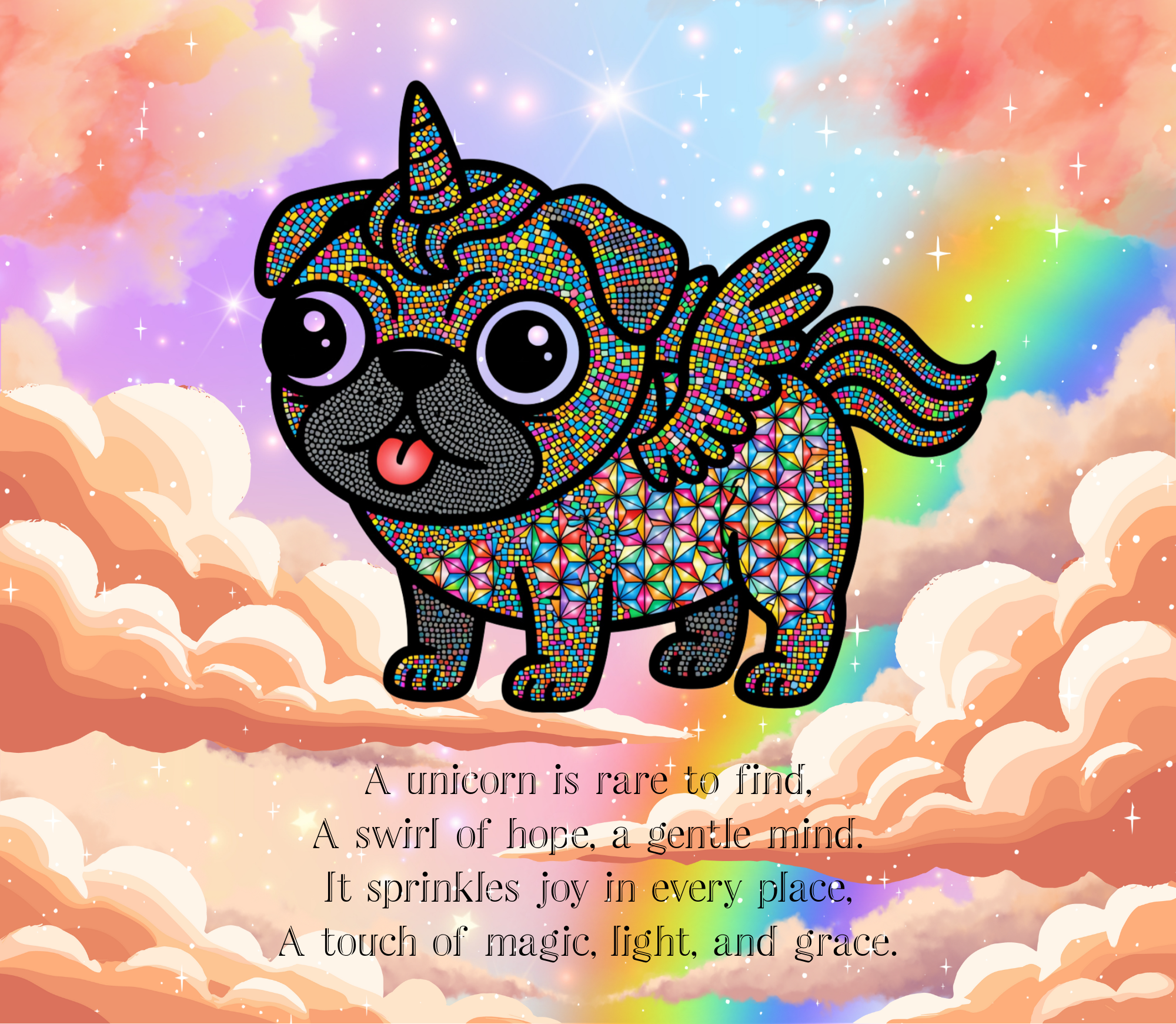 A colorful illustrated unicorn puppy with wings and a rainbow-colored mosaic pattern, floating in a dreamy sky filled with clouds, stars, and a rainbow, accompanied by a poem about unicorns and magic.