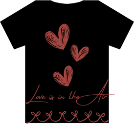 Three hand-drawn red hearts floating above the phrase 'Love is in the Air' written in red cursive with decorative loops.