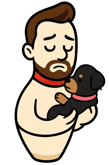 Cartoon man with sad expression holding a small black puppy with brown markings and a pink collar.